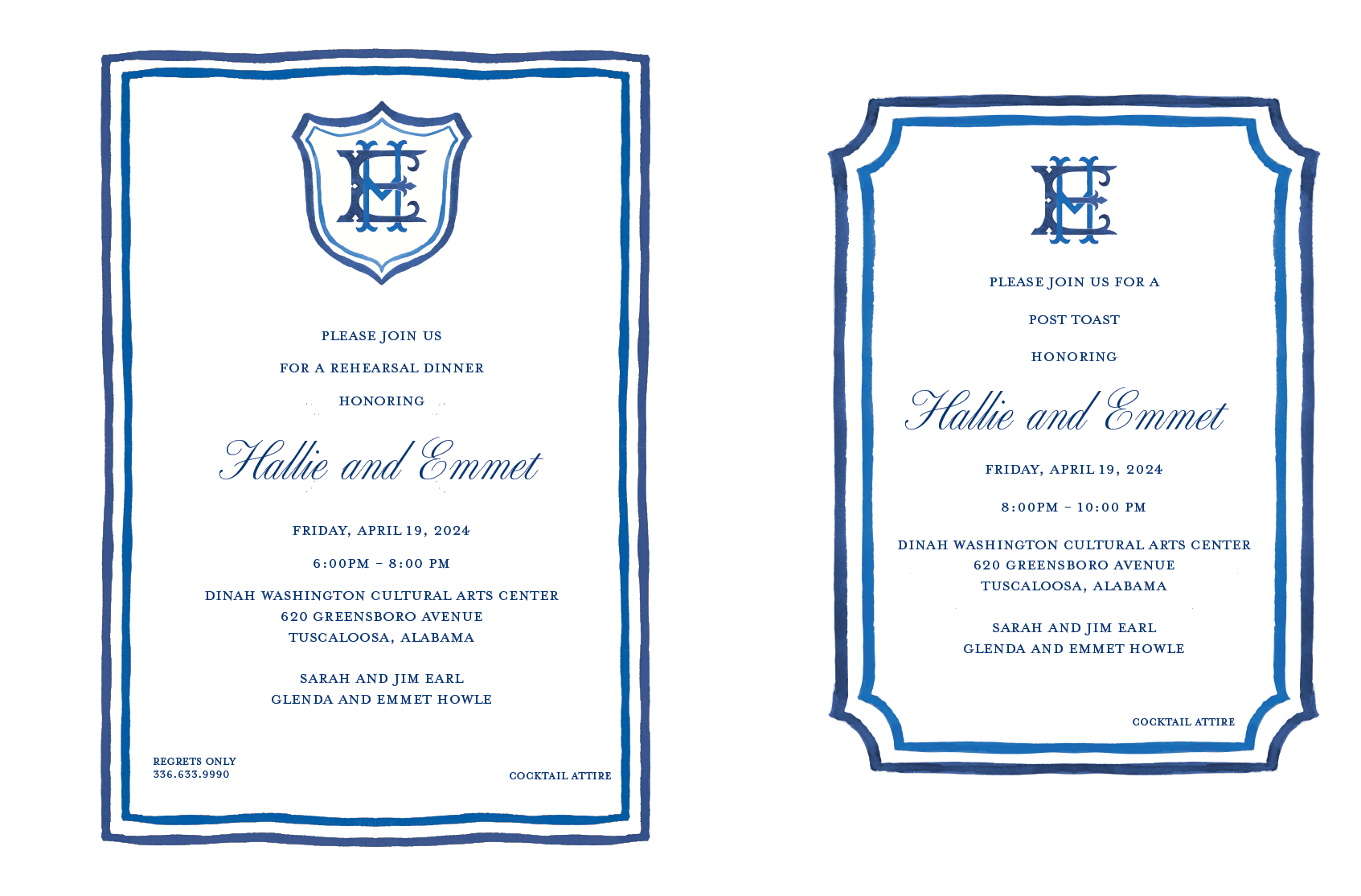 Two identical invitations with a blue and white theme, featuring a shield emblem with decorated initials at the top. The invitations invite guests to a rehearsal dinner and a post-toast honoring Hallie and Emmet, scheduled for April 19, 2024, at the 