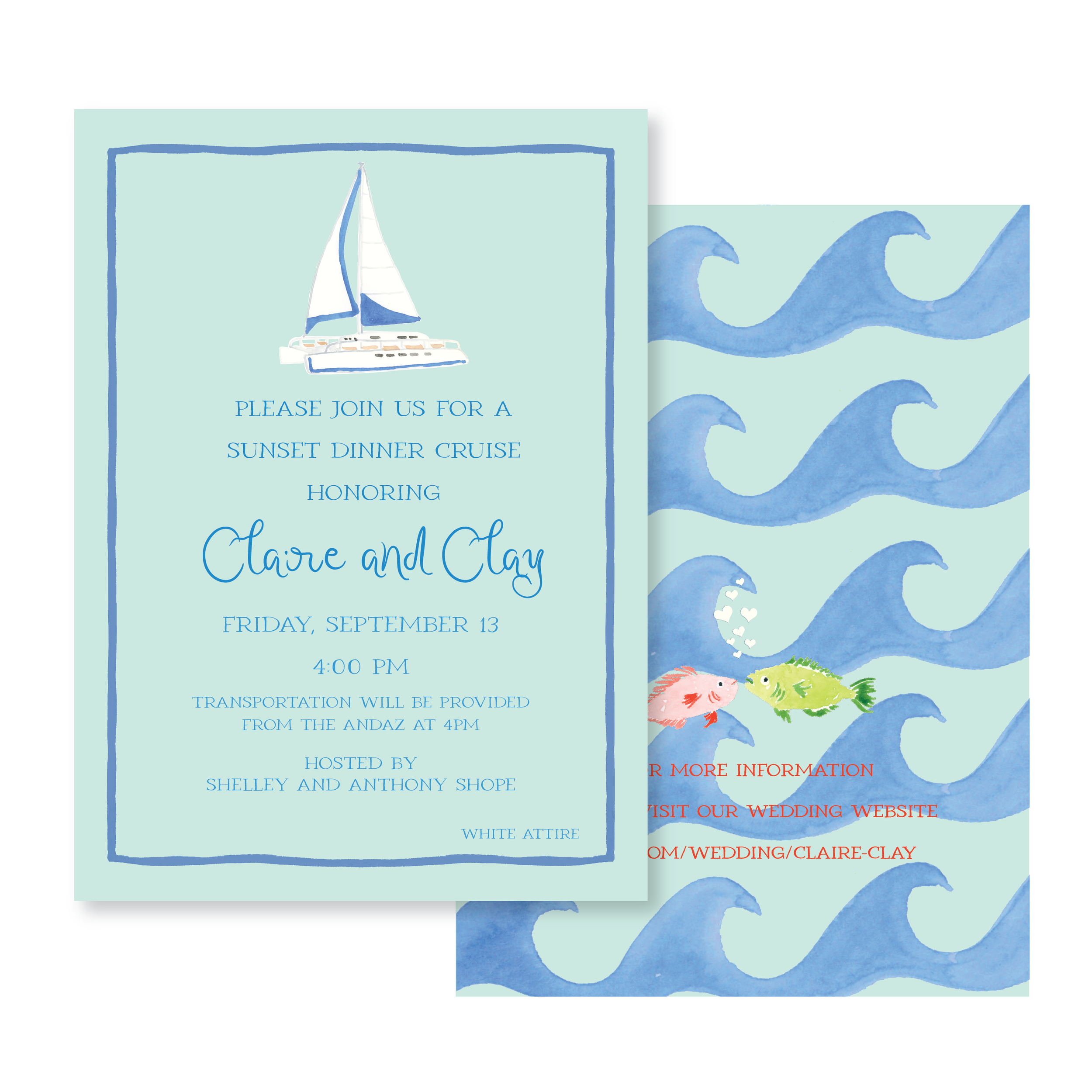 Invitation card for a sunset dinner cruise with a sailboat illustration at the top, light blue background, and text details about the event, including date, time, and hosts. The background behind the card features a pattern of blue ocean waves and tw