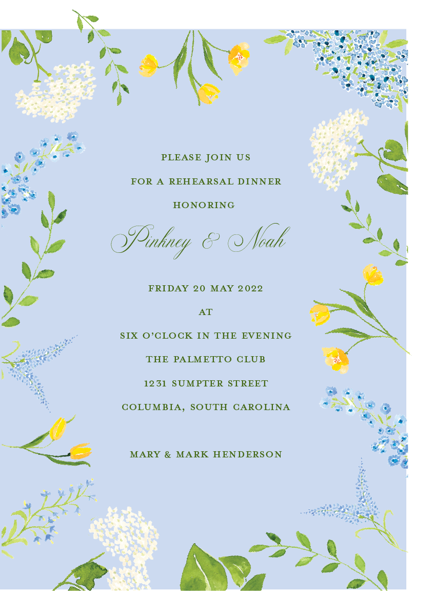 A light blue wedding invitation with floral accents in white, yellow, and blue, inviting guests to a rehearsal dinner honoring Pinhey and Noah on May 20, 2022, at the Palmetto Club in Columbia, South Carolina.