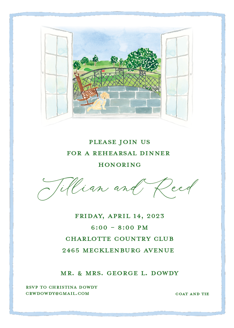 Invitation to a rehearsal dinner with a watercolor scene of an open window, a rocking chair, a dog, and a scenic outdoor landscape with trees and a fence.
