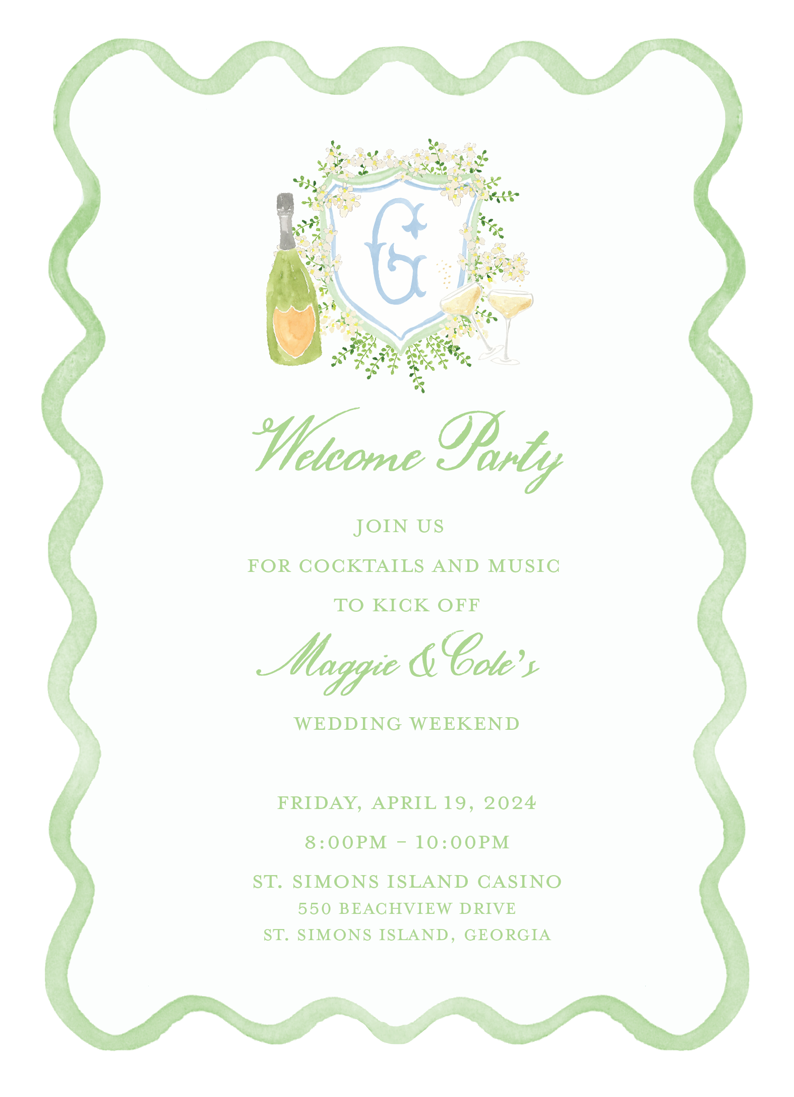 Watercolor wedding invitation with green scalloped border, featuring a champagne bottle, floral shield with initials, and two glasses. Text invites guests to a welcome party with cocktails and music for Maggie and Cole's wedding weekend on April 19, 