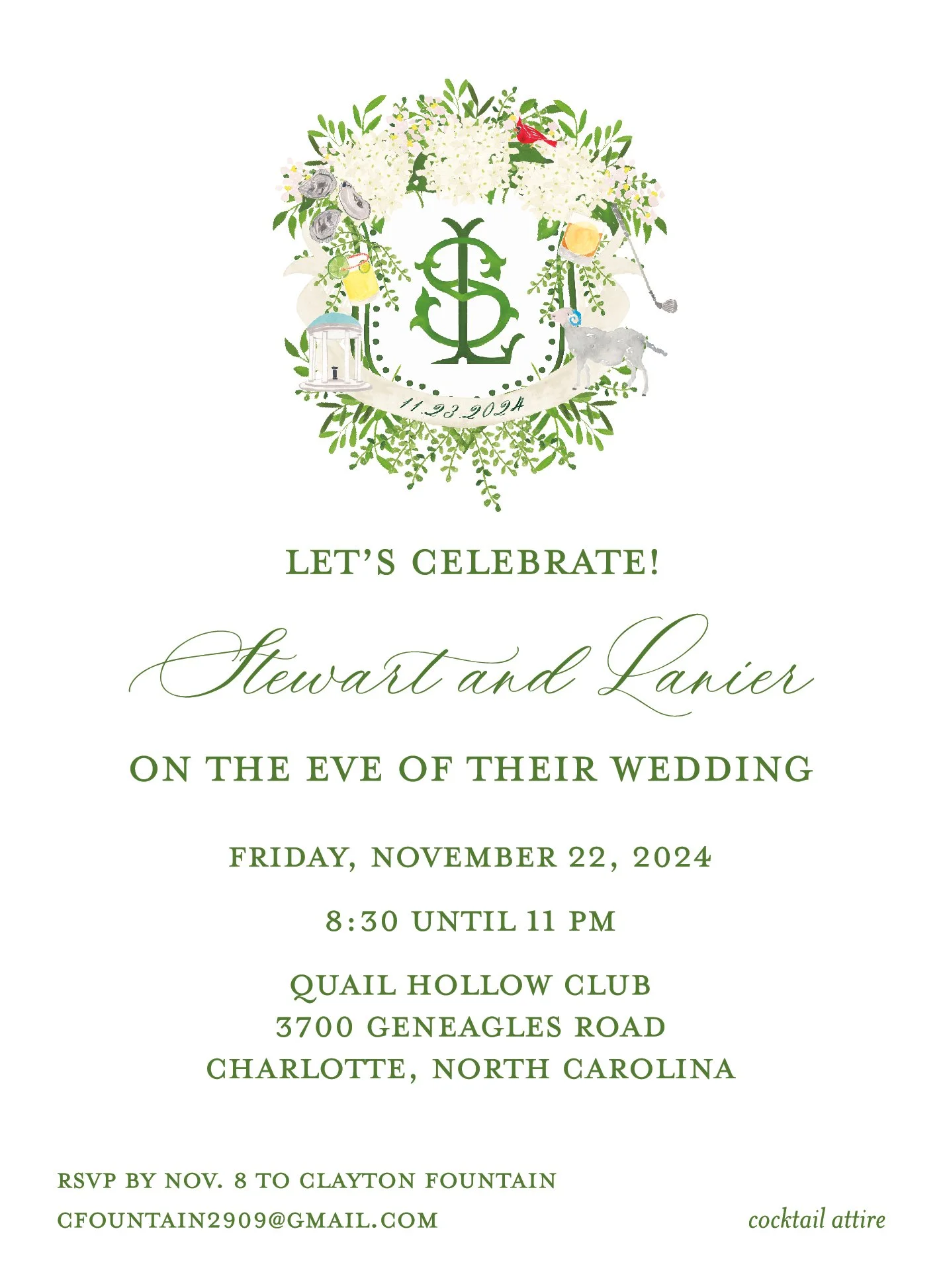 Wedding invitation with floral wreath, monogram, and details of Stewart and Lanier's wedding celebration.