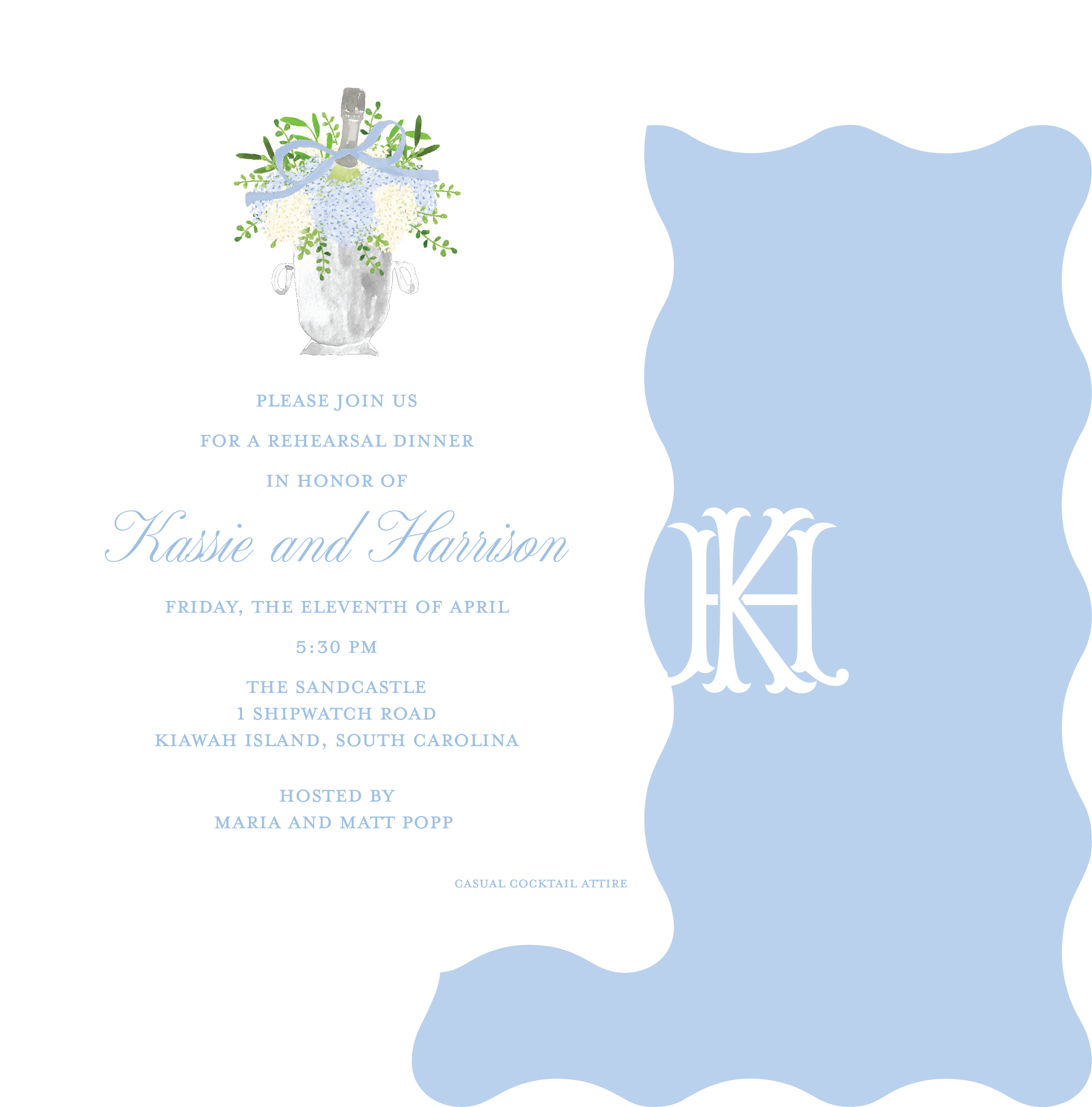 Invitation to a rehearsal dinner with a floral watercolor illustration at the top and a monogrammed letter 'K' on the right side, with scalloped edges on white and light blue backgrounds.