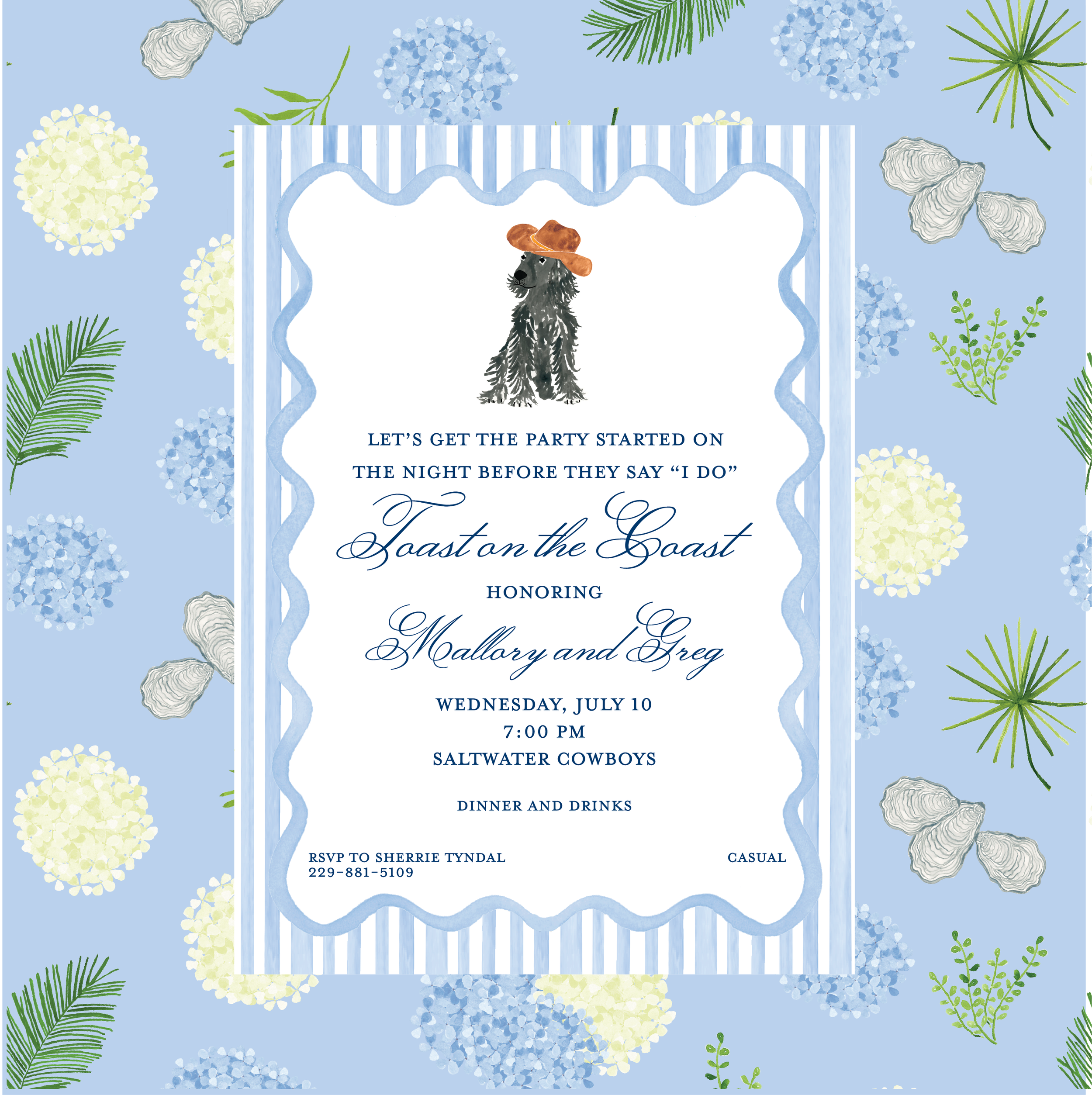 Invitation to a party titled 'Toast on the Coast' with a bear wearing a cowboy hat at the top, against a light blue floral border with hydrangeas and green leaves.