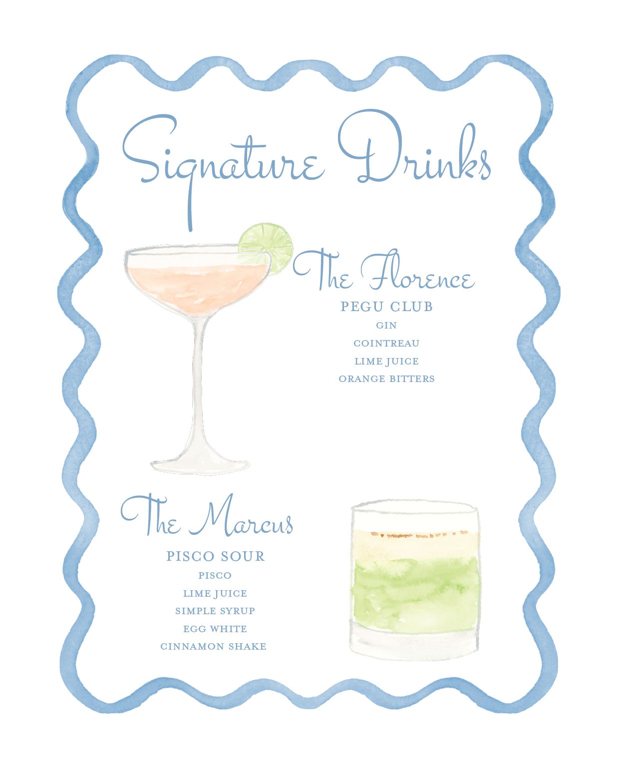 A watercolor-style menu titled 'Signature Drinks' features two illustrated cocktails, one with a lime garnish labeled 'The Florence' with ingredients listed as gin, Cointreau, lime juice, orange bitters, and the other labeled 'The Marcus' with ingred