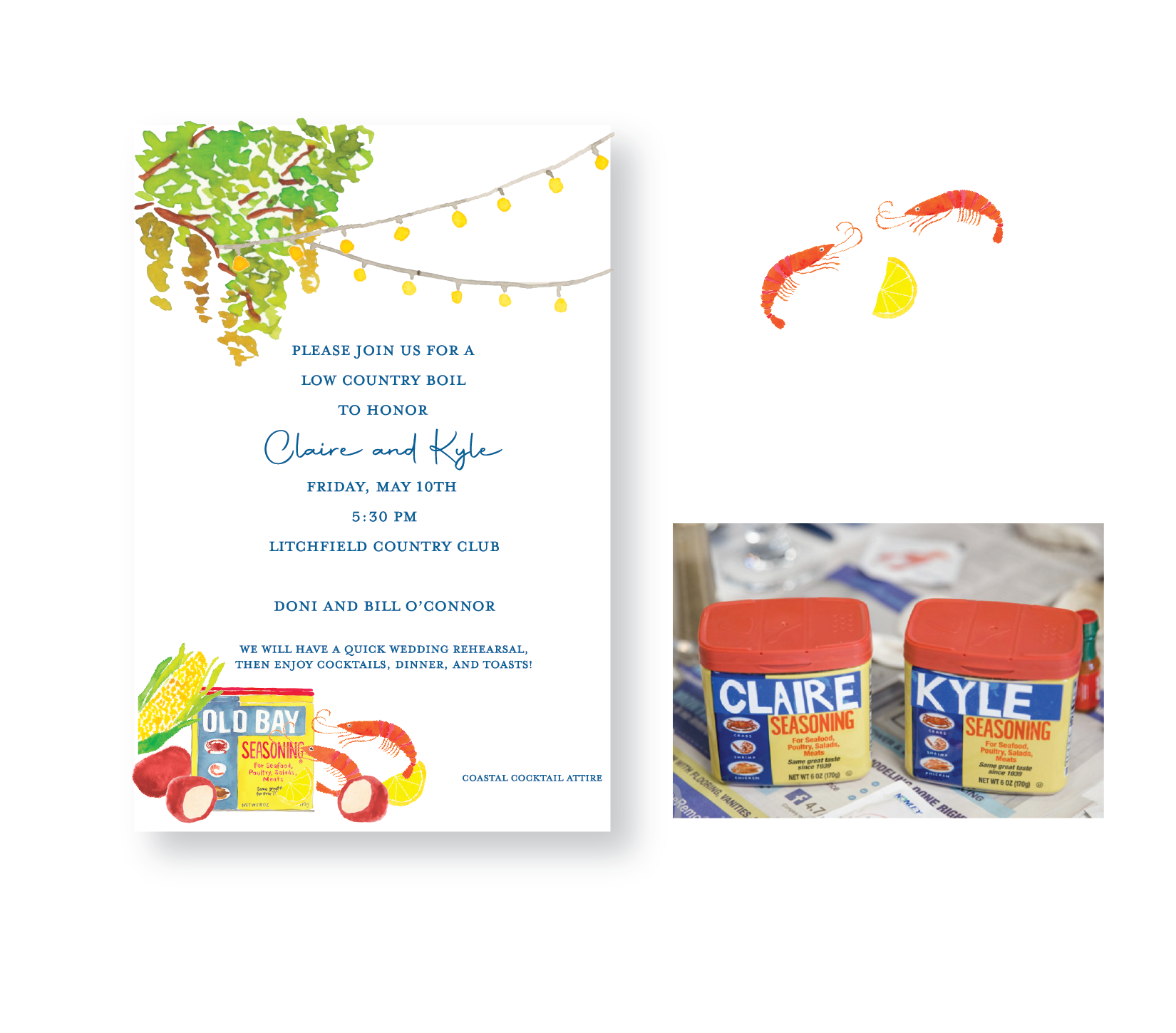 A wedding invitation with seabed and seafood-themed illustrations, including two red shrimp, lemon wedges, and Old Bay seasoning containers labeled for Claire and Kyle, for a low country boil celebration.