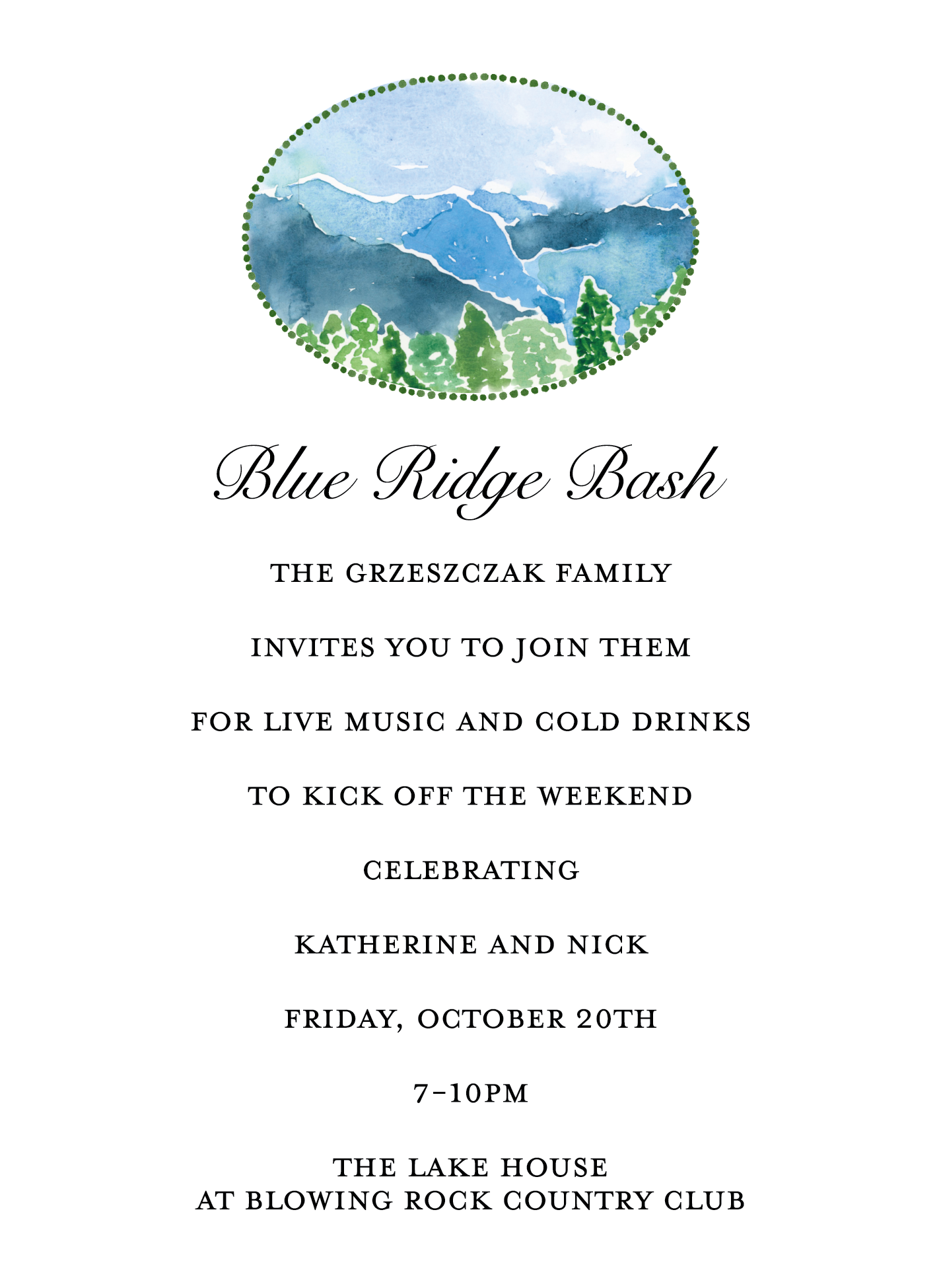 Invitation to the Blue Ridge Bash featuring a watercolor painting of blue mountains, green trees, and a dotted green oval border.