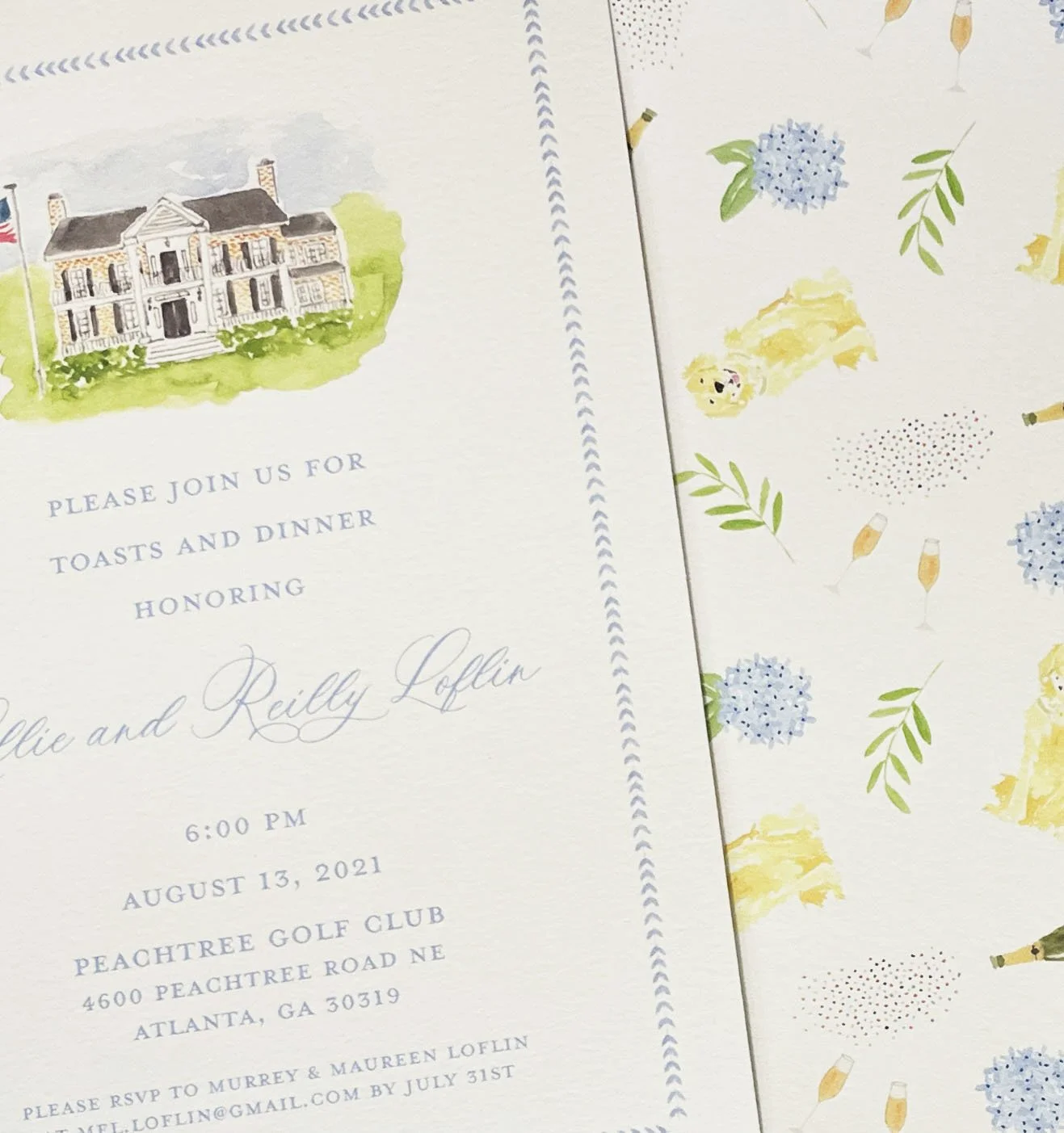 Invitation card for a toast and dinner event with a watercolor illustration of a house and a patterned paper with blue and yellow floral designs, champagne glasses, and dog illustrations.
