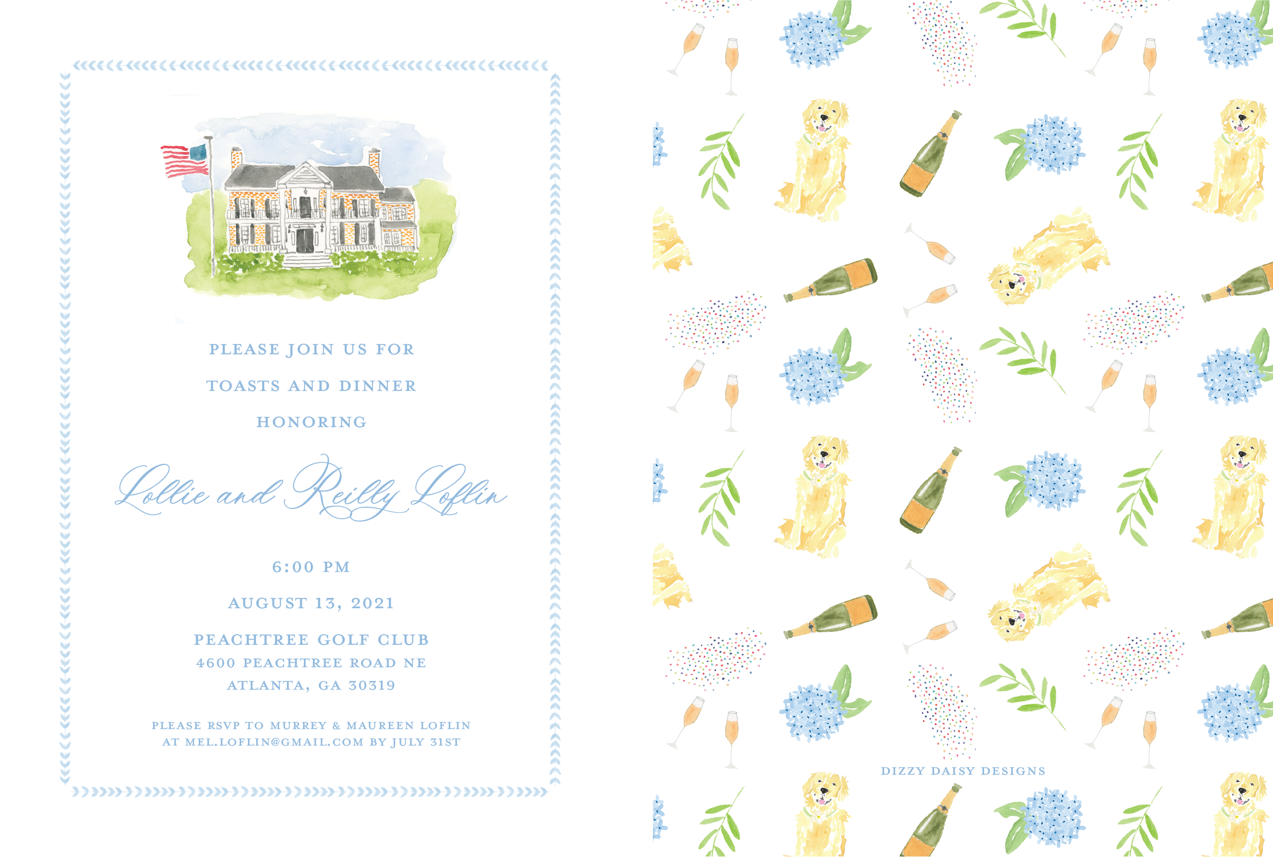 Invitation for a celebration event with a watercolor illustration of the White House at the top, light blue border, and text inviting guests to a toast and dinner honoring Lollie and Reilly Loflin with event details. The background includes a pattern
