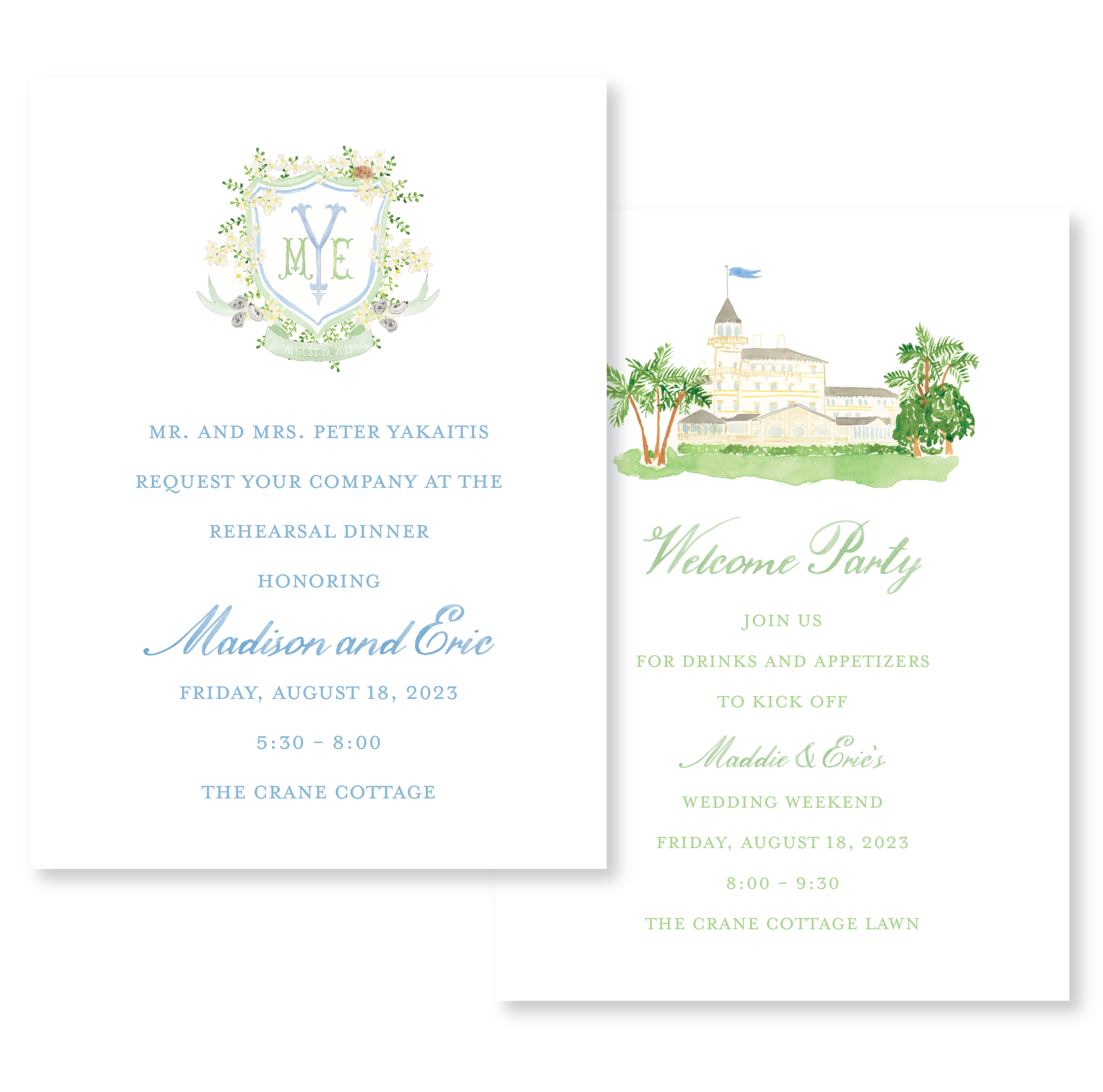 Invitations for a wedding rehearsal dinner and welcome party, featuring a crest with flowers and birds, and an illustration of a building with palm trees at a resort.