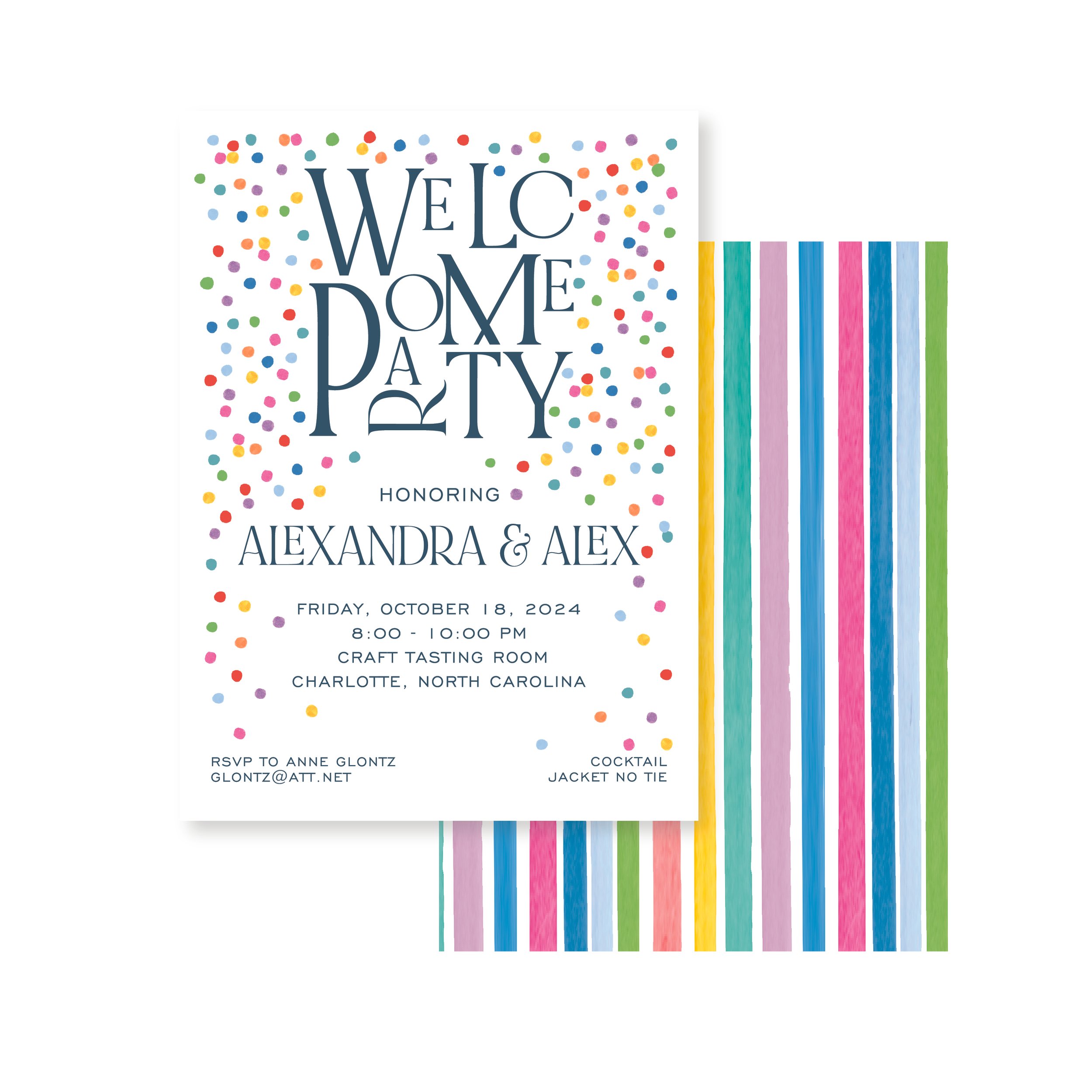 Colorful invitation for a birthday party with confetti and striped background, details include date, time, location, and RSVP information.