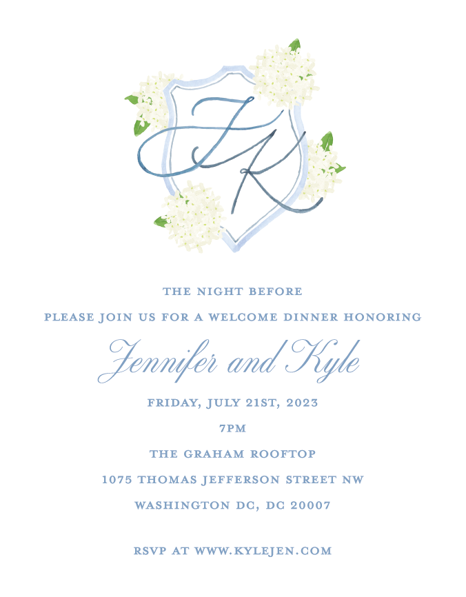 Wedding invitation with a blue shield and floral accents, featuring monogram initials 'J' and 'K', and details of an event for Jennifer and Kyle on July 21, 2023, in Washington, D.C.