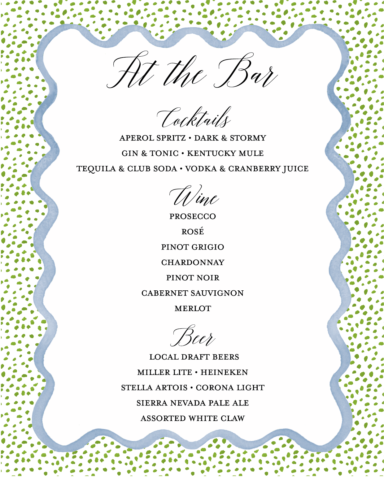 Menu featuring cocktails, wines, and beers with decorative green dotted border and a wavy light blue border around the text.