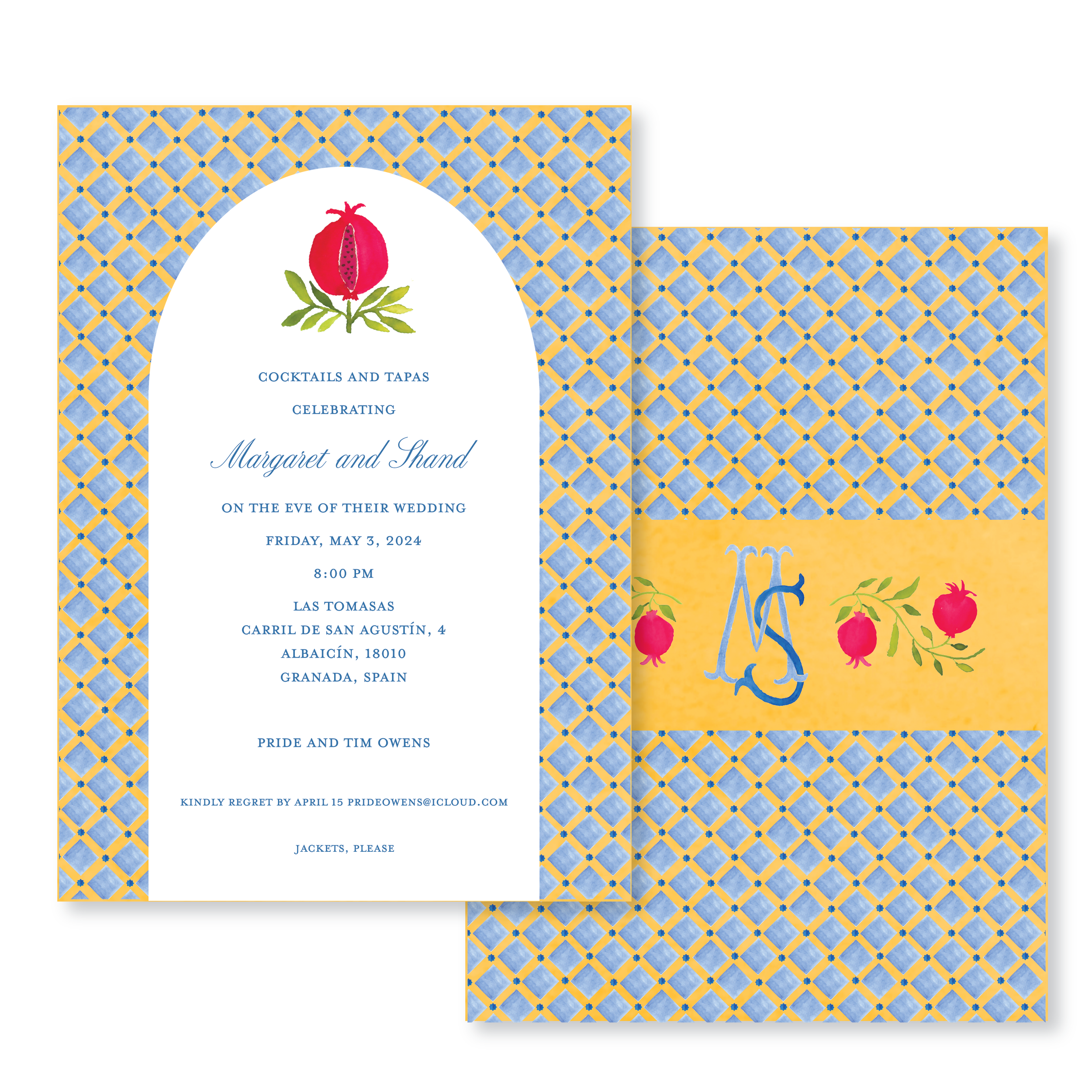 Wedding invitation with a blue and yellow lattice pattern border, featuring pomegranate illustrations and calligraphic initials. The text details a wedding celebration in Granada, Spain, on May 3, 2024.