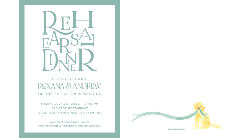 Wedding invitation with the word 'Rehearsal Dinner' arranged artistically, details of the event including date, time, location, and RSVP information, along with a decorative illustration of a yellow dog on the right side.