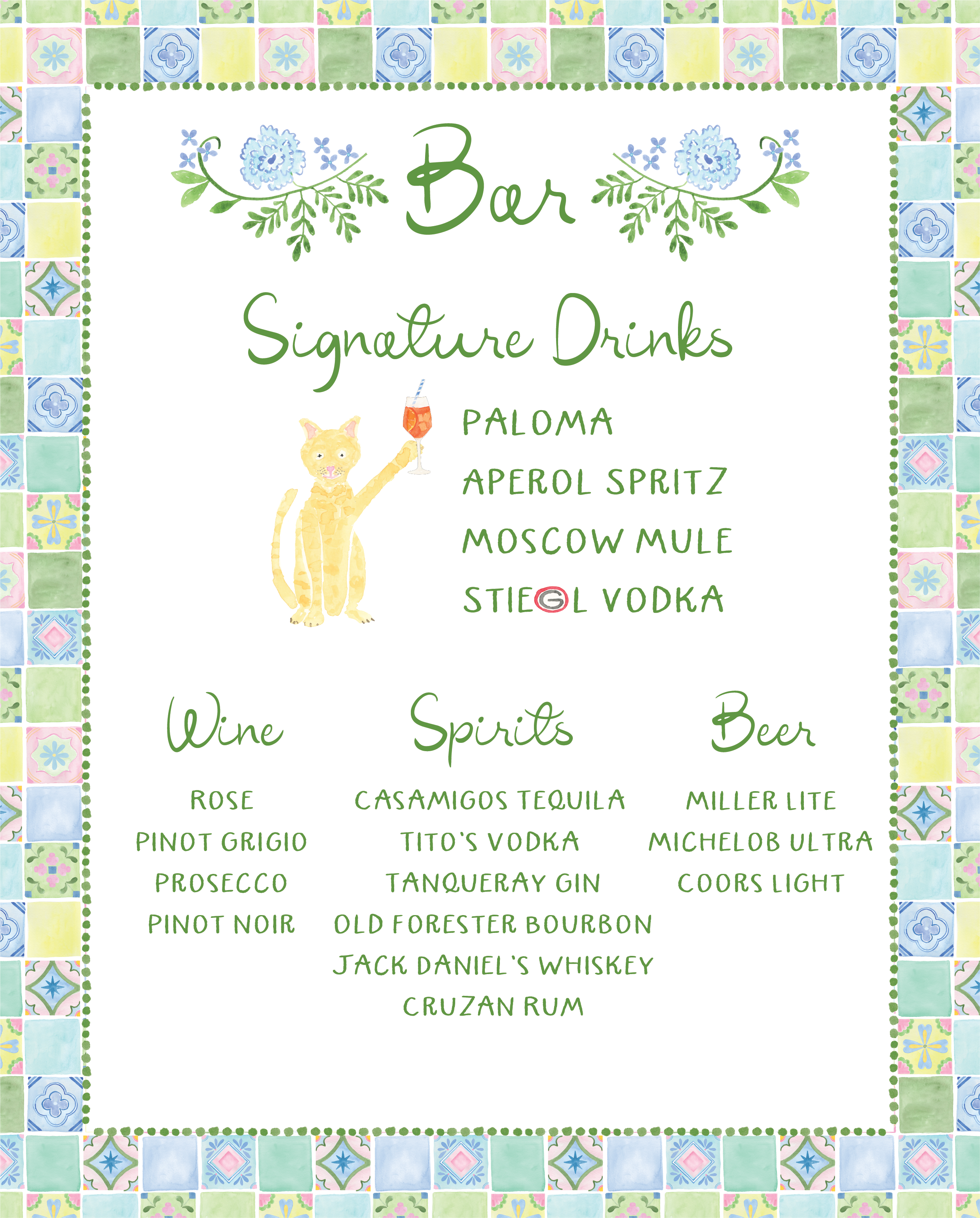 Colorful bar menu with watercolor illustrations, listing signature drinks, wines, spirits, and beers, with a smiling cartoon cat holding a cocktail glass on the menu.