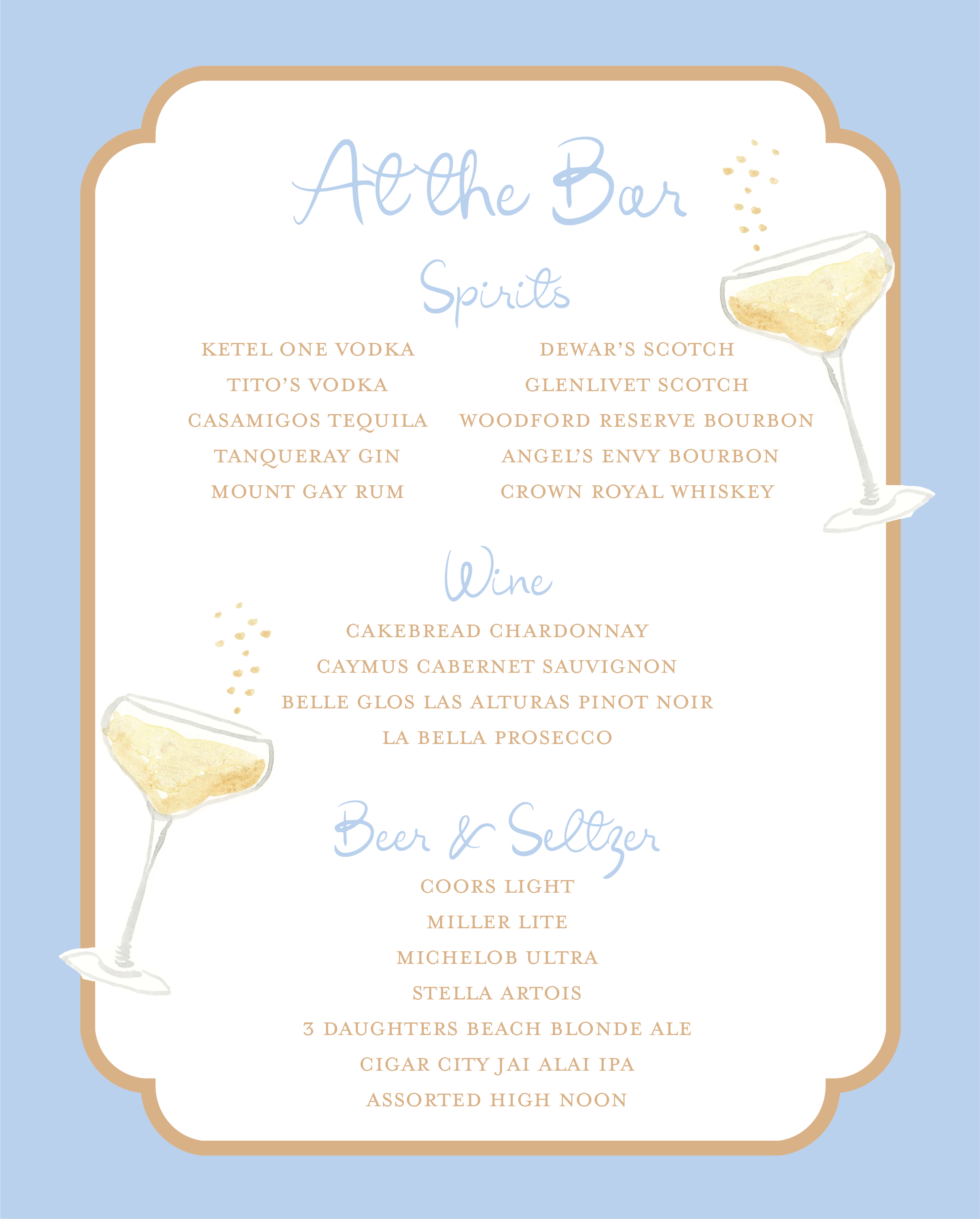 Menu titled 'At the Bar' featuring sections for Spirits, Wine, and Beer & Saltzer, decorated with illustrations of cocktail glasses.