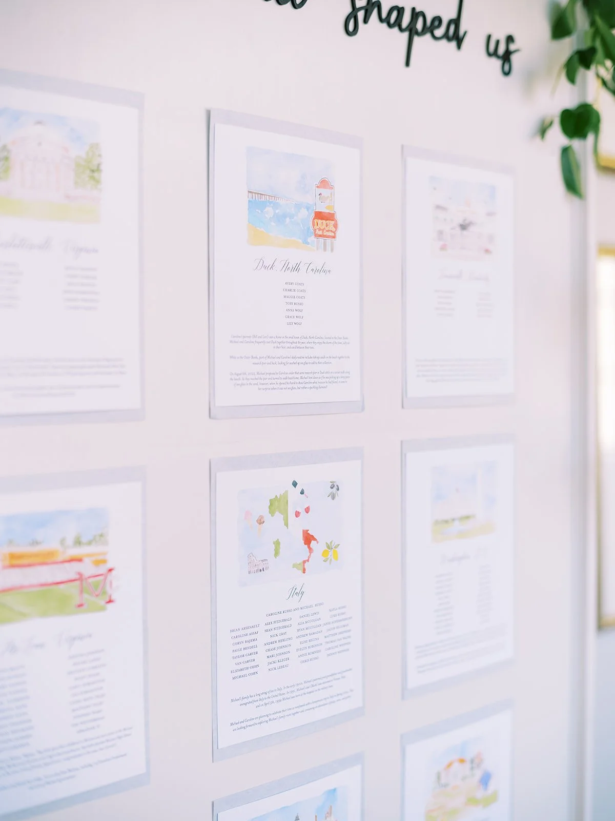 Display of illustrated maps and menus for various U.S. states on a wall, with handwritten-style decor above.