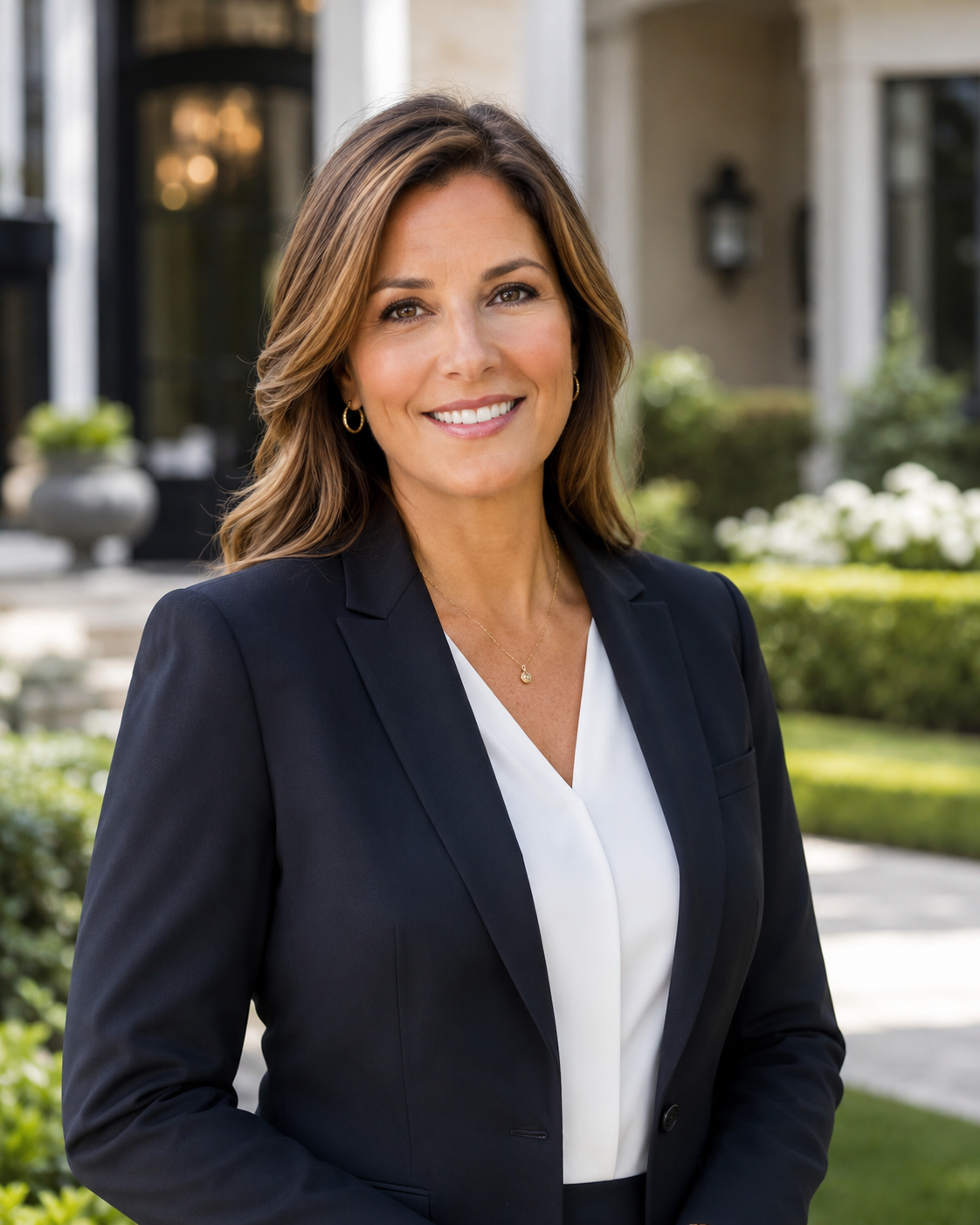 A woman with shoulder-length brown hair smiling, dressed in a black blazer over a white blouse, standing outdoors in front of a house with greenery and flowers.