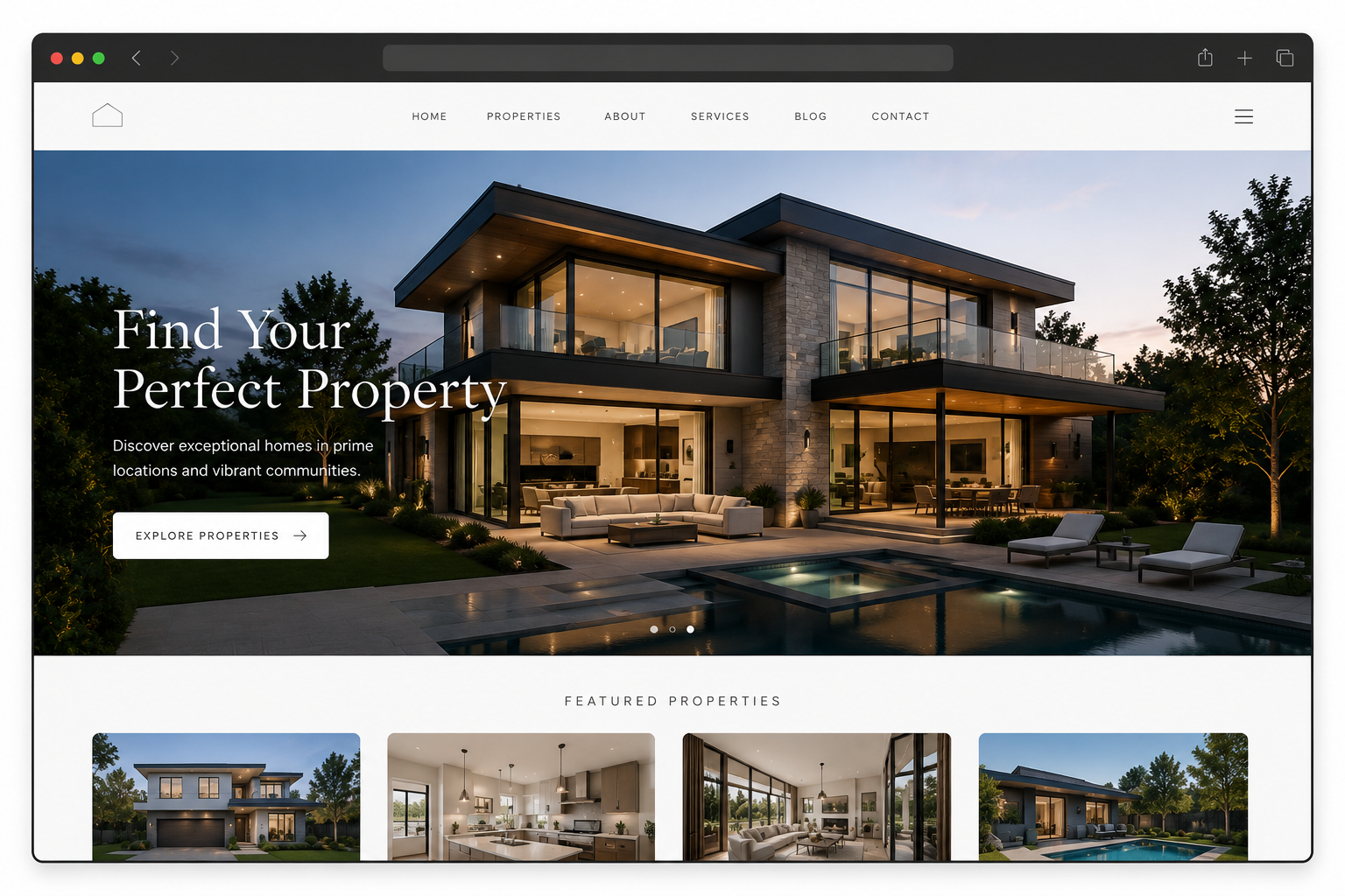Screenshot of a real estate website homepage displaying a large photo of a brick house with a lawn and trees in fall colors. Text overlay says 'Welcome to your new home!'