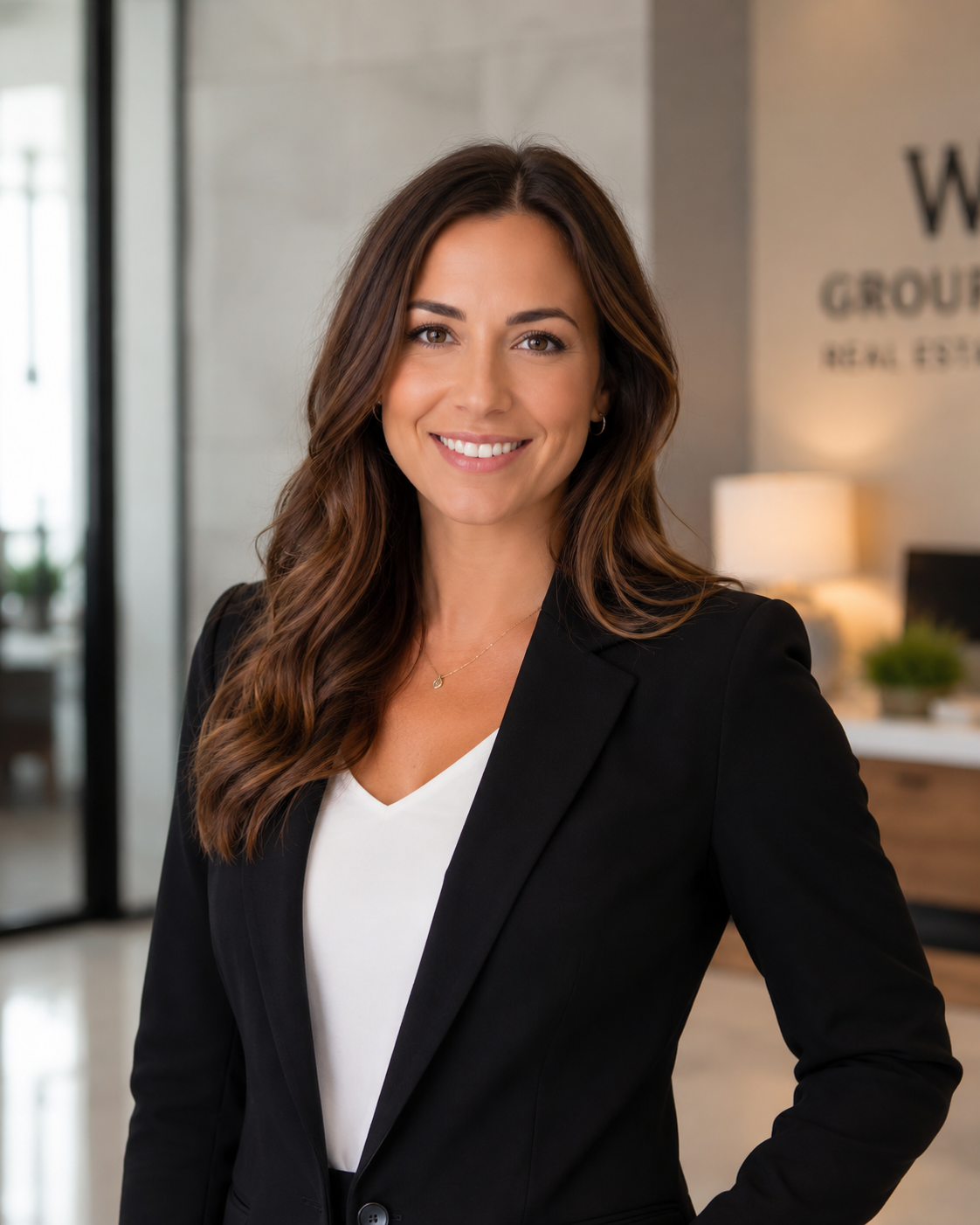 Businesswoman with long wavy brown hair, smiling, wearing a black blazer and white top, standing in modern office lobby.