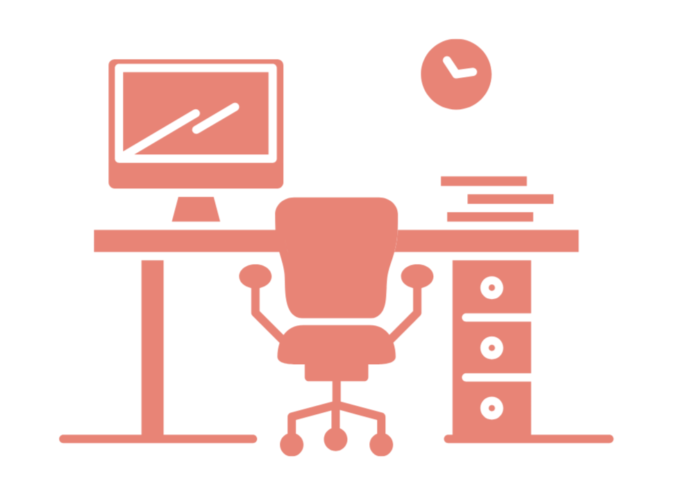 Illustration of a computer on a desk with a pile of books and a clock, in front of a swivel chair.