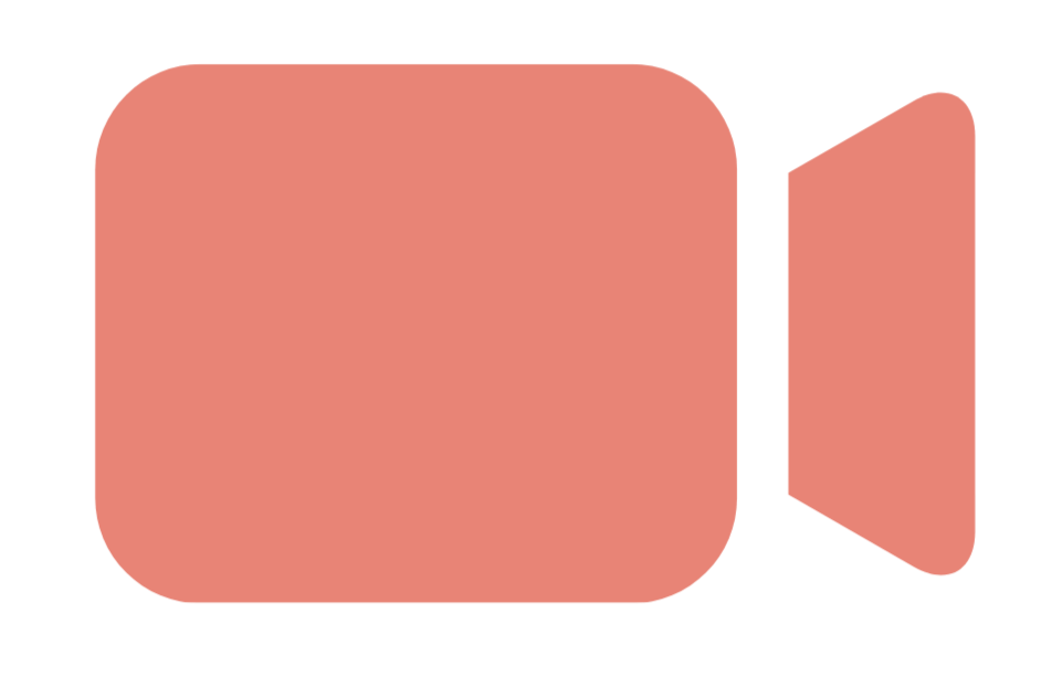 A pink icon of a video camera with a square body and a trapezoidal side closer to the lens.