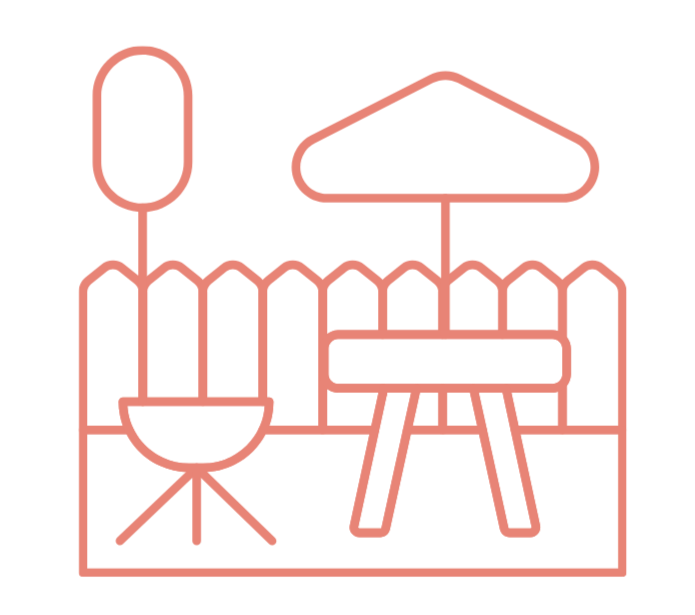 Neon line drawing of a backyard patio scene with a fence, patio umbrella, chair, and grill.