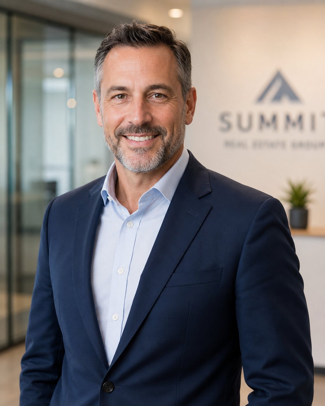 A smiling middle-aged man in a navy suit and white shirt standing in an office with a blurred background showing a logo that says "SUMMIT" and a potted plant.