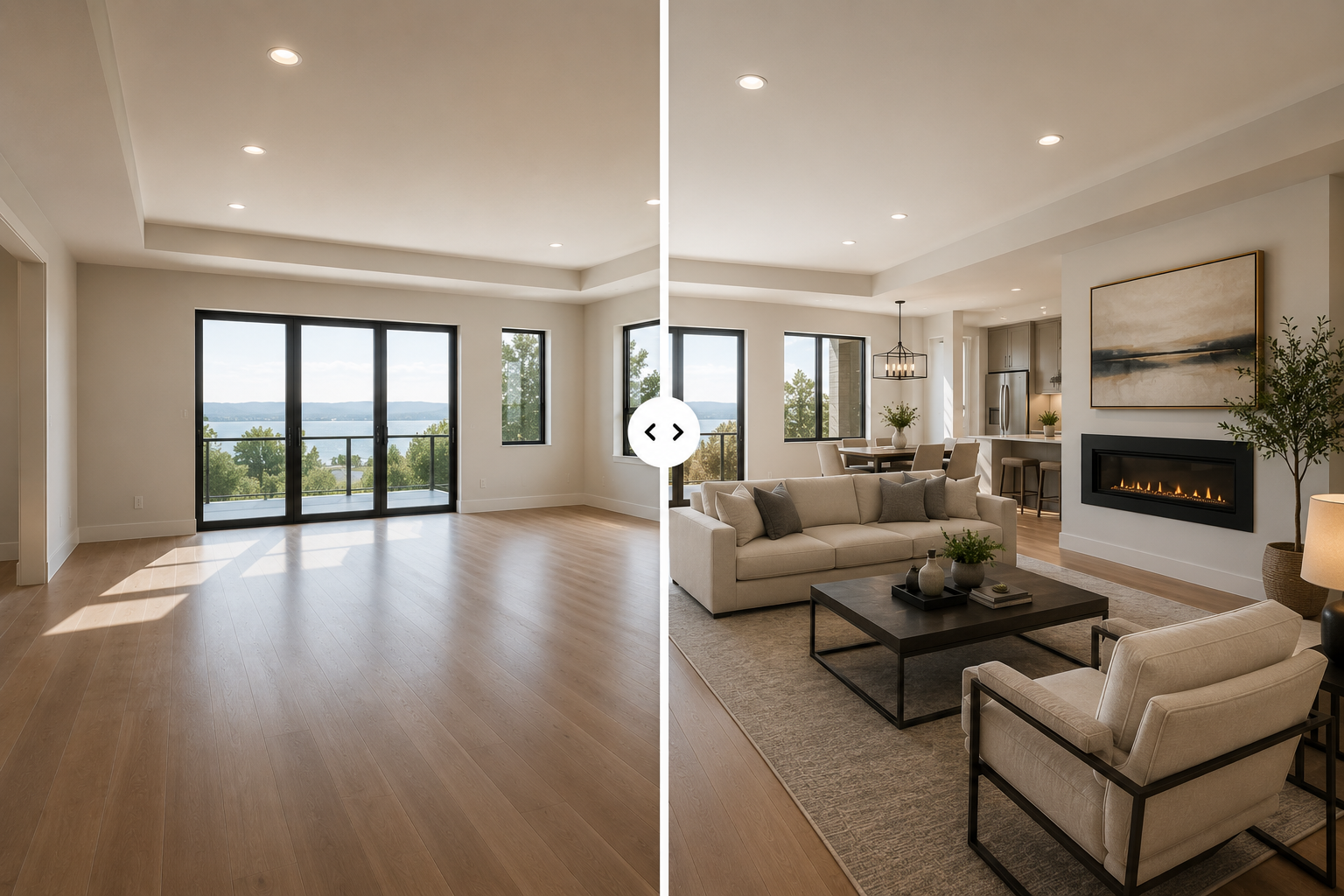 Comparison of a room before and after decoration. Left side shows an empty room with wooden floors and large windows. Right side shows the same room furnished with a dining table, chairs, couch, wall decor, and a rug.