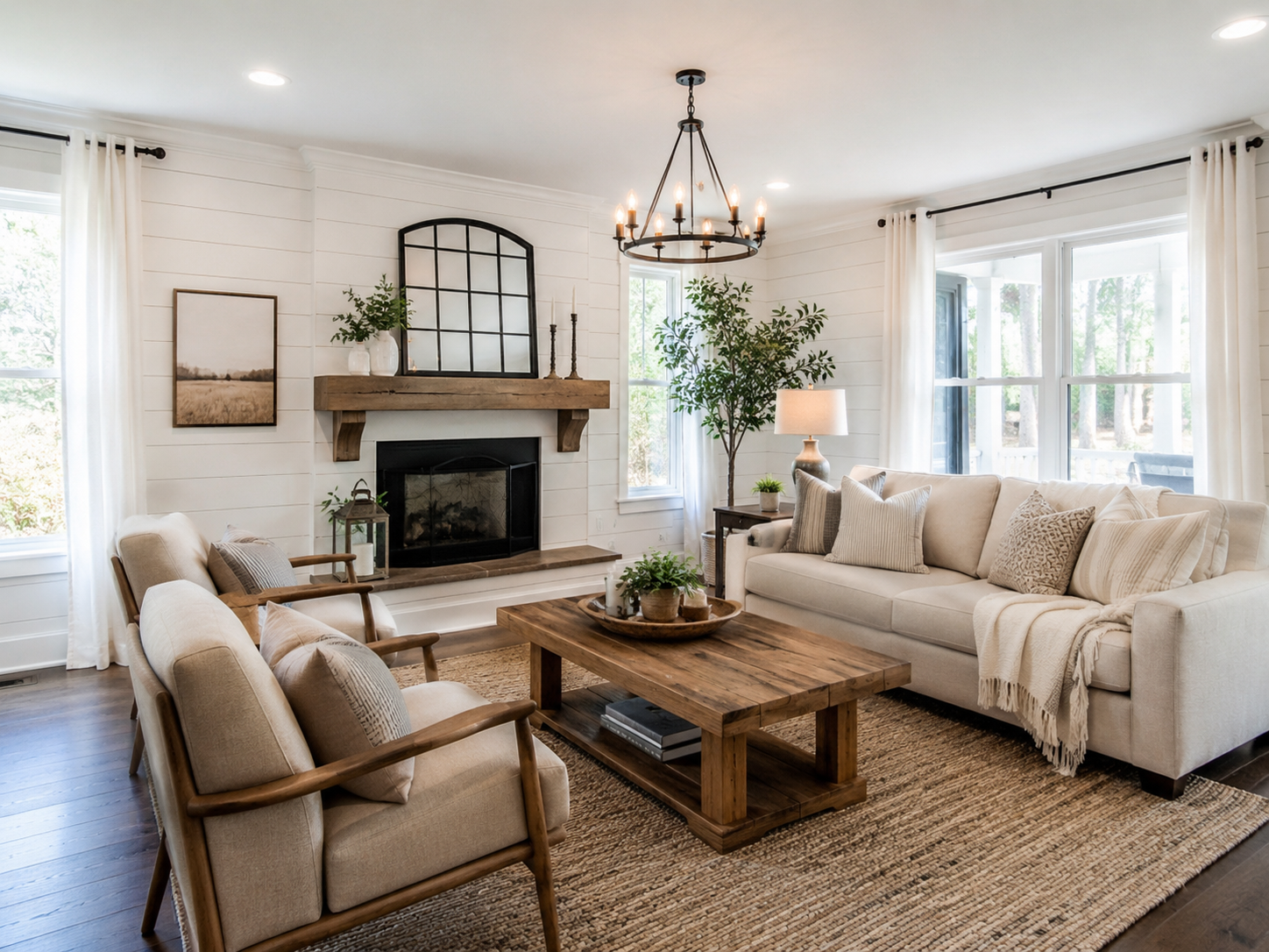 Living room with white walls, beige sofa, wooden chairs, coffee table, fireplace, large windows with white curtains, potted plants, and a chandelier.