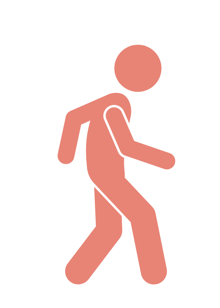 A simplified illustration of a person walking, depicted with a pinkish-brown body and a round head, against a transparent background.