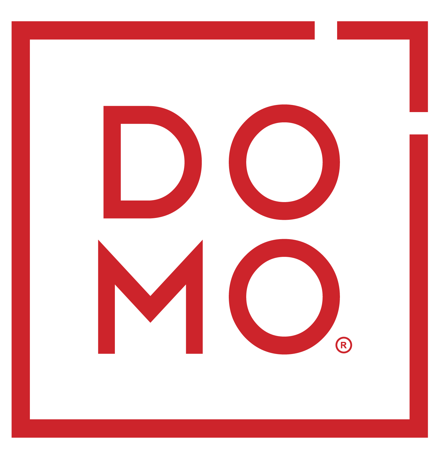 The DoMo logo in black and red with a square border
