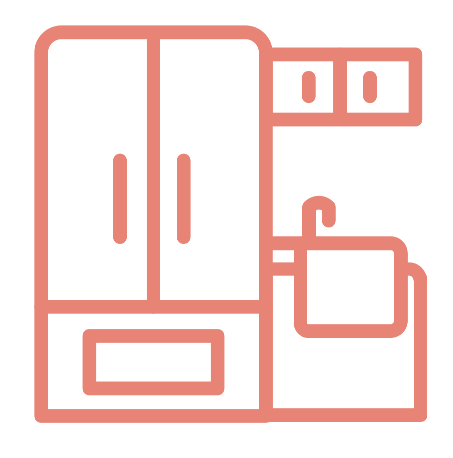 Icon of a kitchen cabinet with drawers and doors, and a small appliance or container on top, in a pink outline style.