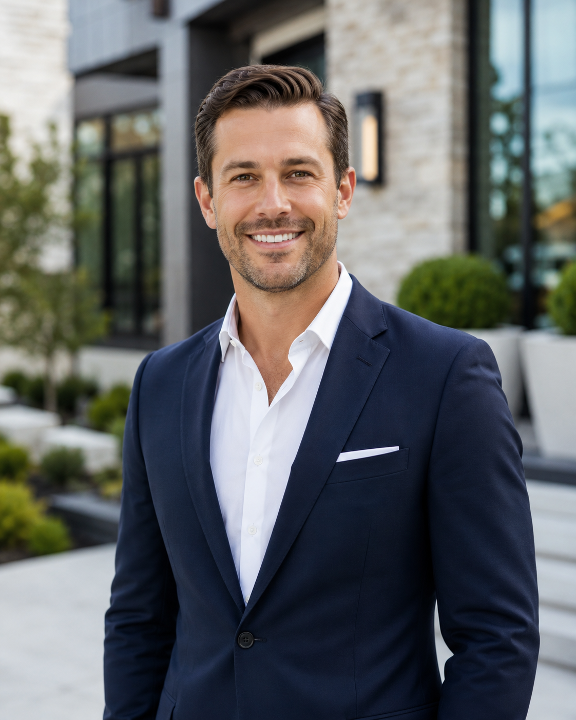 A smiling man in a navy suit and white dress shirt standing outdoors in front of a modern building with large windows and landscaped plants.