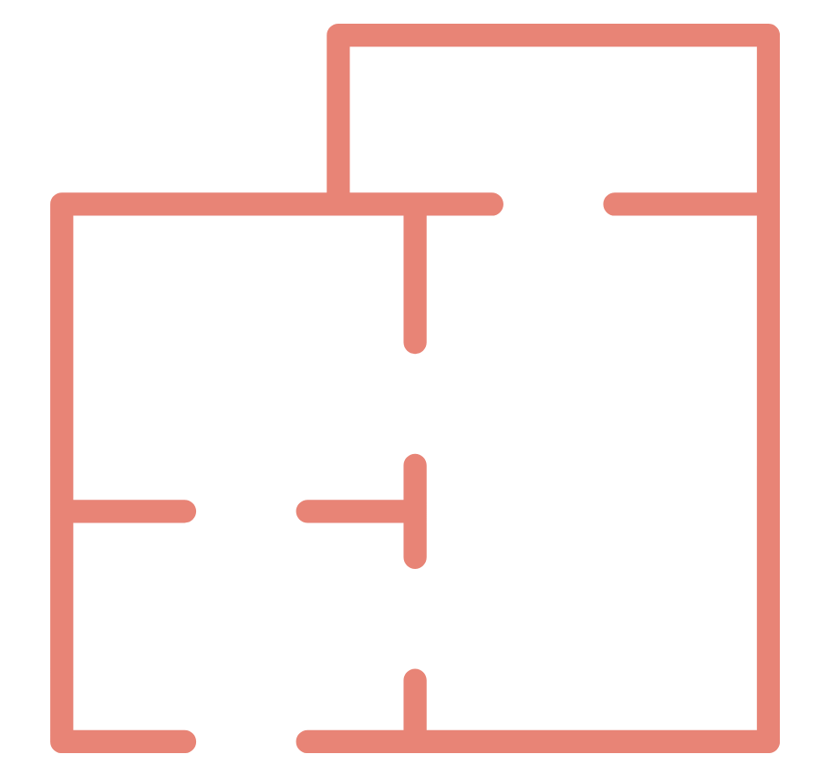 Floor plan layout of a small apartment with separate rooms, including a bedroom, bathroom, living area, and an open kitchen.