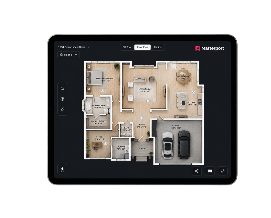 Digital tablet displaying a detailed floor plan of a house with labeled rooms such as primary bedroom, living room, kitchen, garage, office, laundry room, porch, and bathroom.