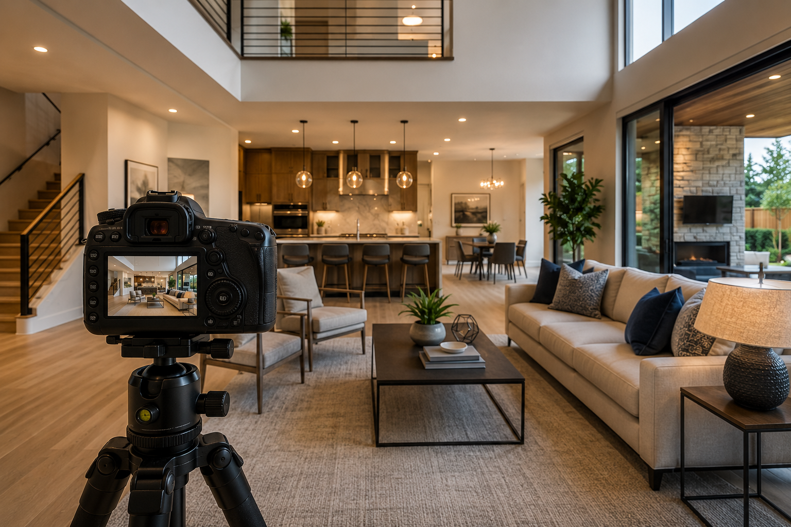 Minimalist living room with wooden chairs, a fireplace, and a coffee table on a patterned rug. Natural light from glass doors and a modern decorative setup.