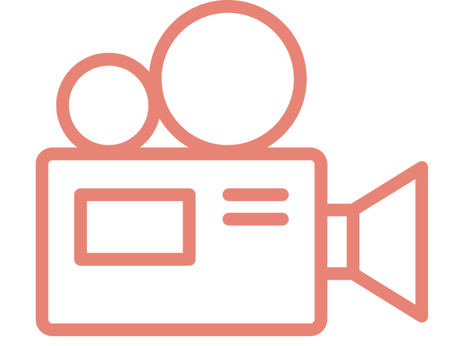 Outline illustration of a vintage movie camera in pink, with two film reels on top.