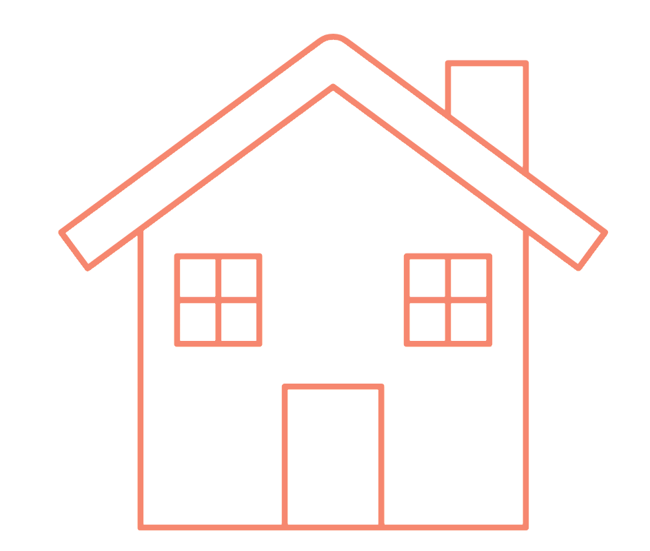 Outline of a house with a chimney and four windows, drawn in pink lines.