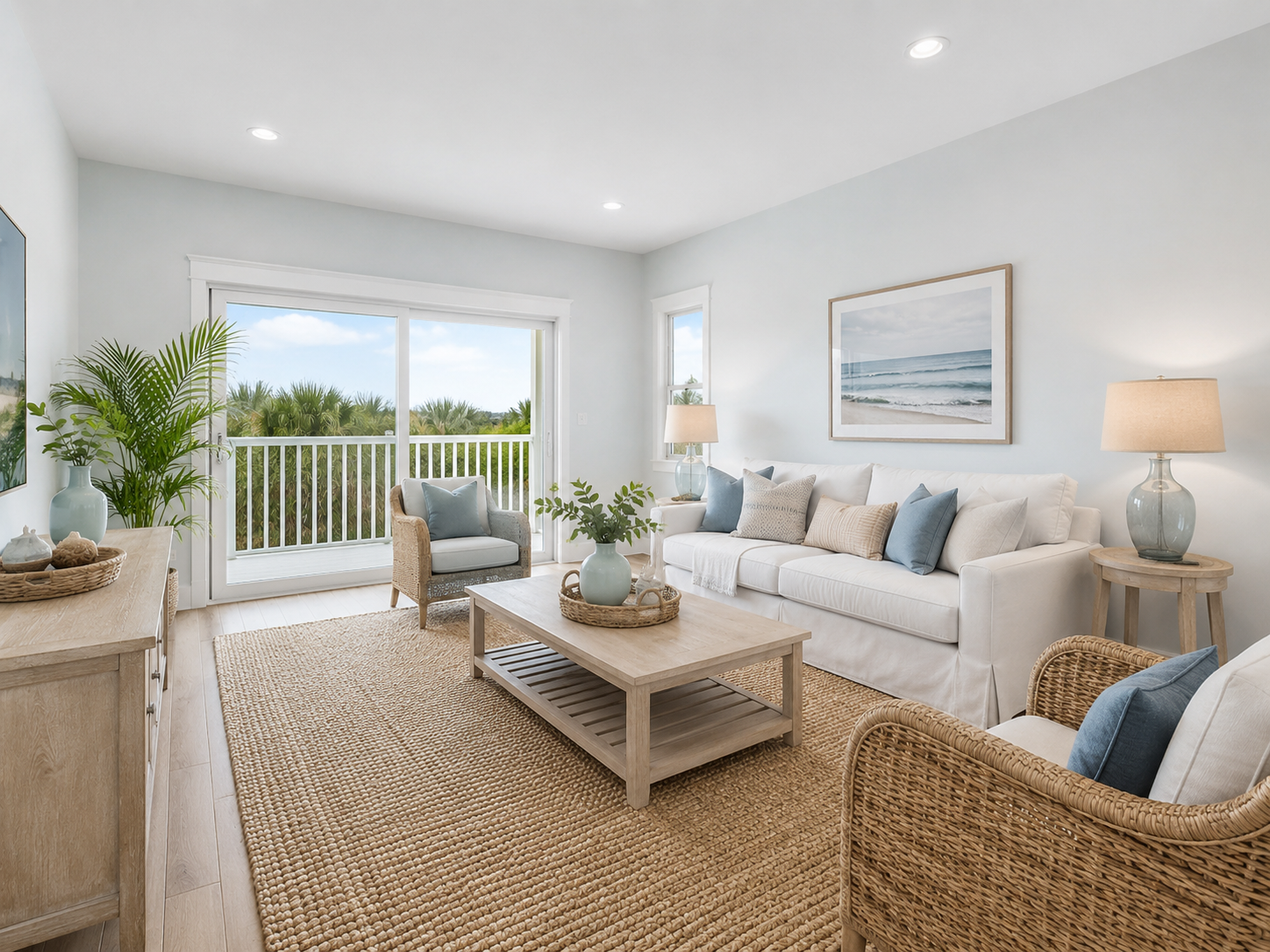 Bright living room with white sofa, wicker armchairs, wooden coffee table, sea view through sliding glass door, framed beach photo on wall, beige rug, corner lamps, and greenery.