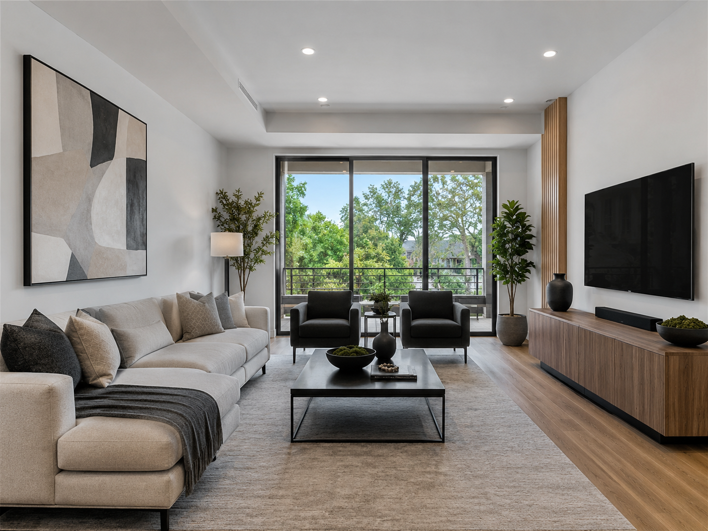 Modern living room with beige sofa and black armchairs, large window with green trees outside, wooden floor, TV on wall, and indoor plants.