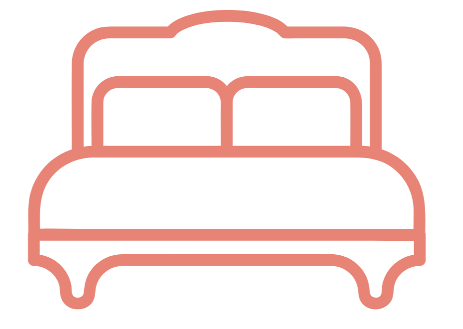 Line drawing of a bed with a headboard, two pillows, and a blanket.