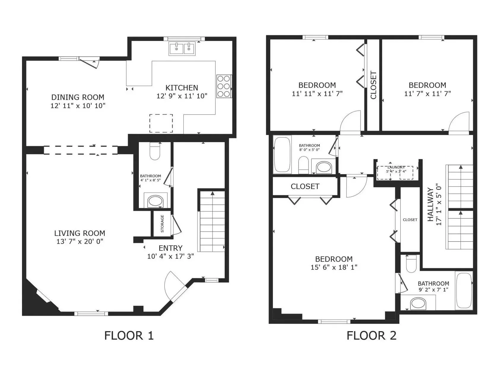 Two-story house floor plan. First floor includes living room, dining room, kitchen, bathroom, storage, and entry. Second floor includes three bedrooms, two bathrooms, closets, laundry, and hallway.