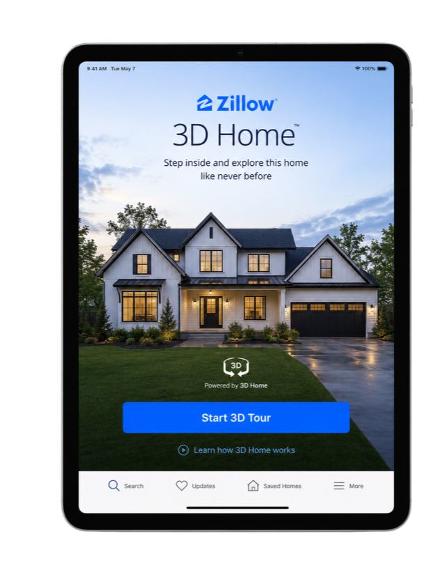 Screenshot of a tablet displaying the Zillow 3D Home app with a photo of a modern house and options to start a 3D tour.