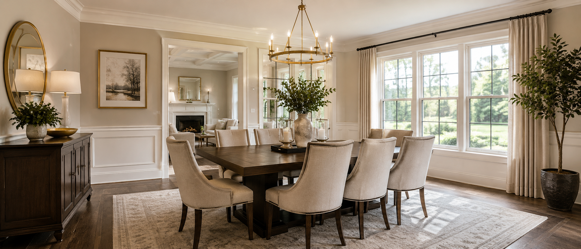 A spacious dining room with beige upholstered chairs around a dark wooden table, a large vase with green foliage as a centerpiece, large windows with beige curtains, a chandelier hanging from the ceiling, and a sideboard with a mirror, table lamps, and decorative items. A living room with a fireplace, armchairs, and a side table is visible through an open doorway.