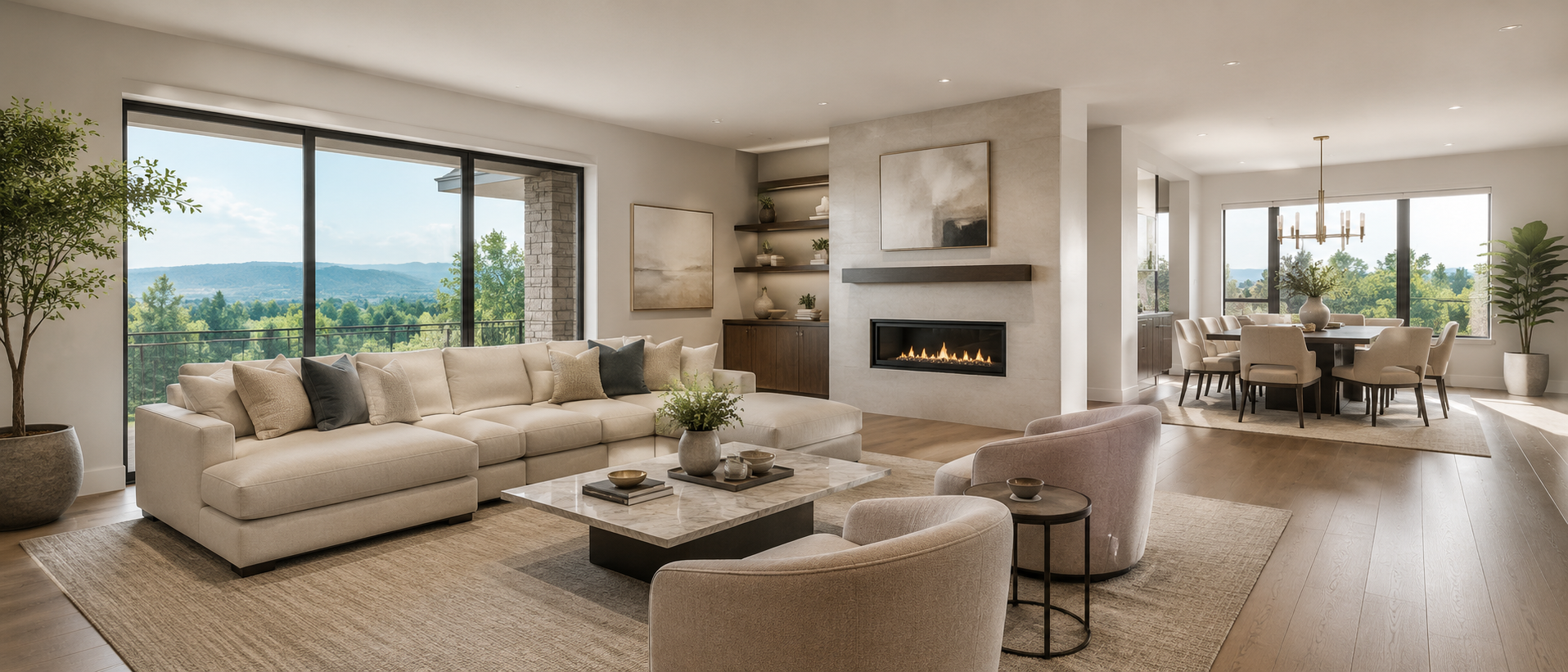 Modern living room with beige sofa, plush chairs, and a marble coffee table, large windows with scenic mountain views, and a dining area with a chandelier and large window.