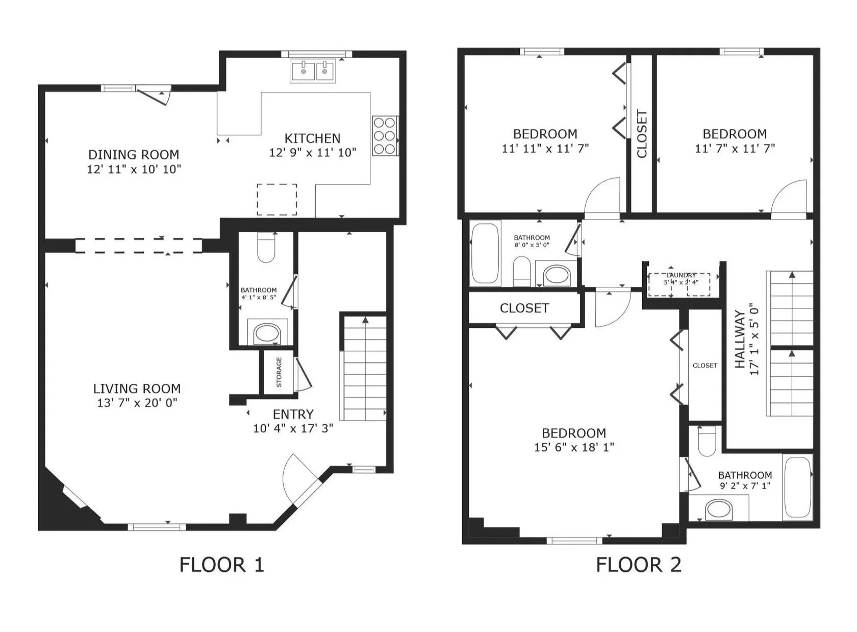 Floor plan of a two-story house with labeled rooms including living room, dining room, kitchen, multiple bedrooms, bathrooms, closets, hallway, laundry room, and storage areas.