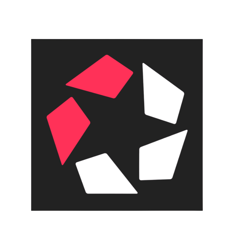 An abstract digital illustration of five irregularly shaped polygons, with three in pink and two in black, on a dark background.