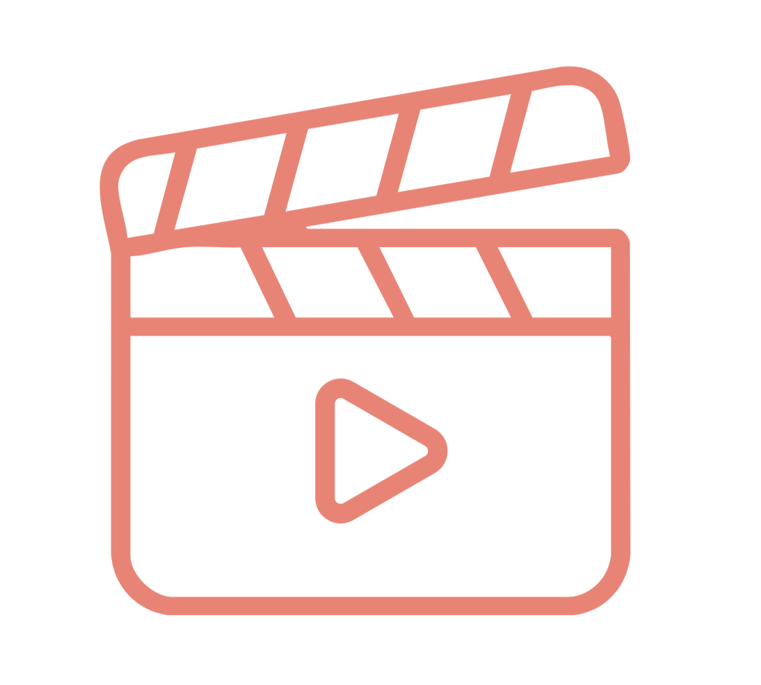 Icon of a film clapperboard with a play button in the center, symbolizing video or movie playback.